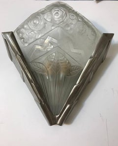 Pair of French Art Deco Wall Sconces Having Geometric Motif by Noverdy