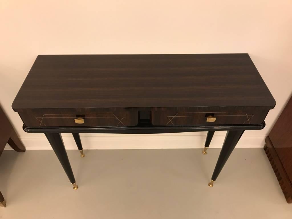 French Art Deco Exotic Macassar Console Table with Two Drawers 1