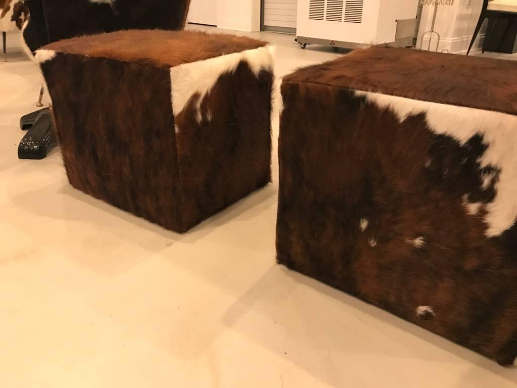Contemporary Pair of Cow Hide Benches or Ottomans