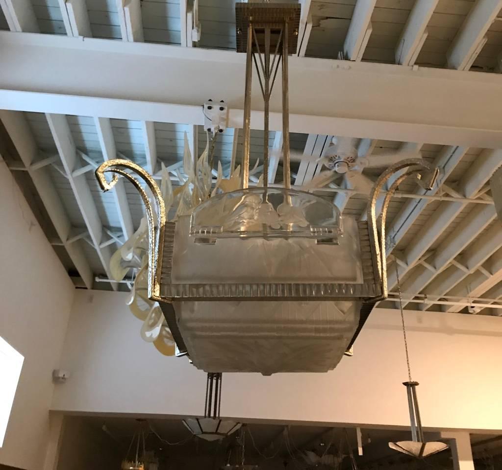 French Art Deco Geometric Chandelier Signed by Muller Freres Luneville In Excellent Condition For Sale In North Bergen, NJ