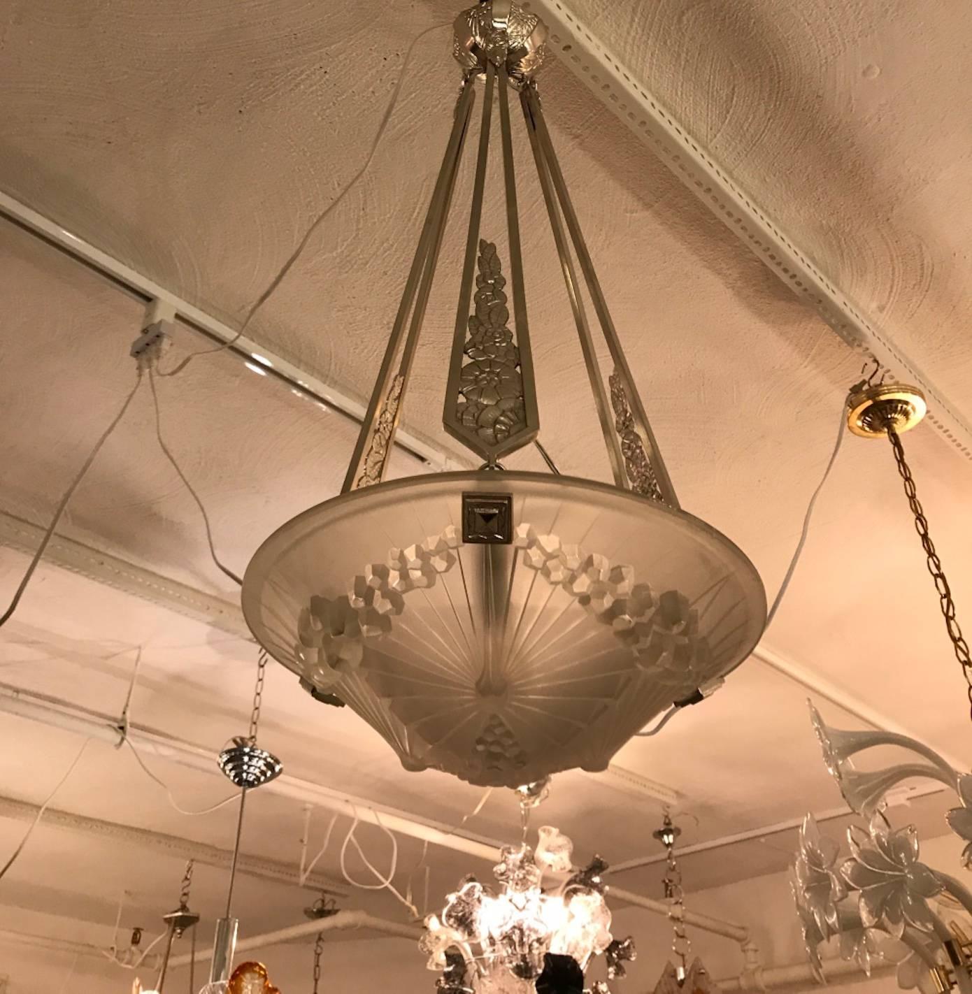 French Art Deco Geometric Chandelier Signed by Schneider In Excellent Condition For Sale In North Bergen, NJ