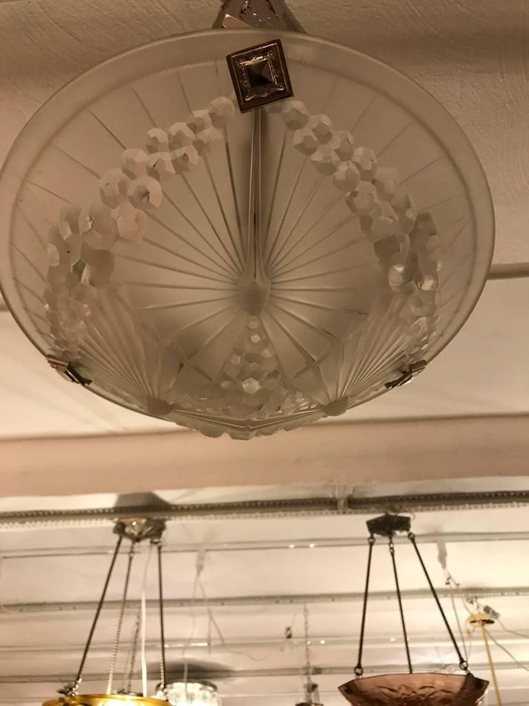 French Art Deco Geometric Chandelier Signed by Schneider For Sale 4
