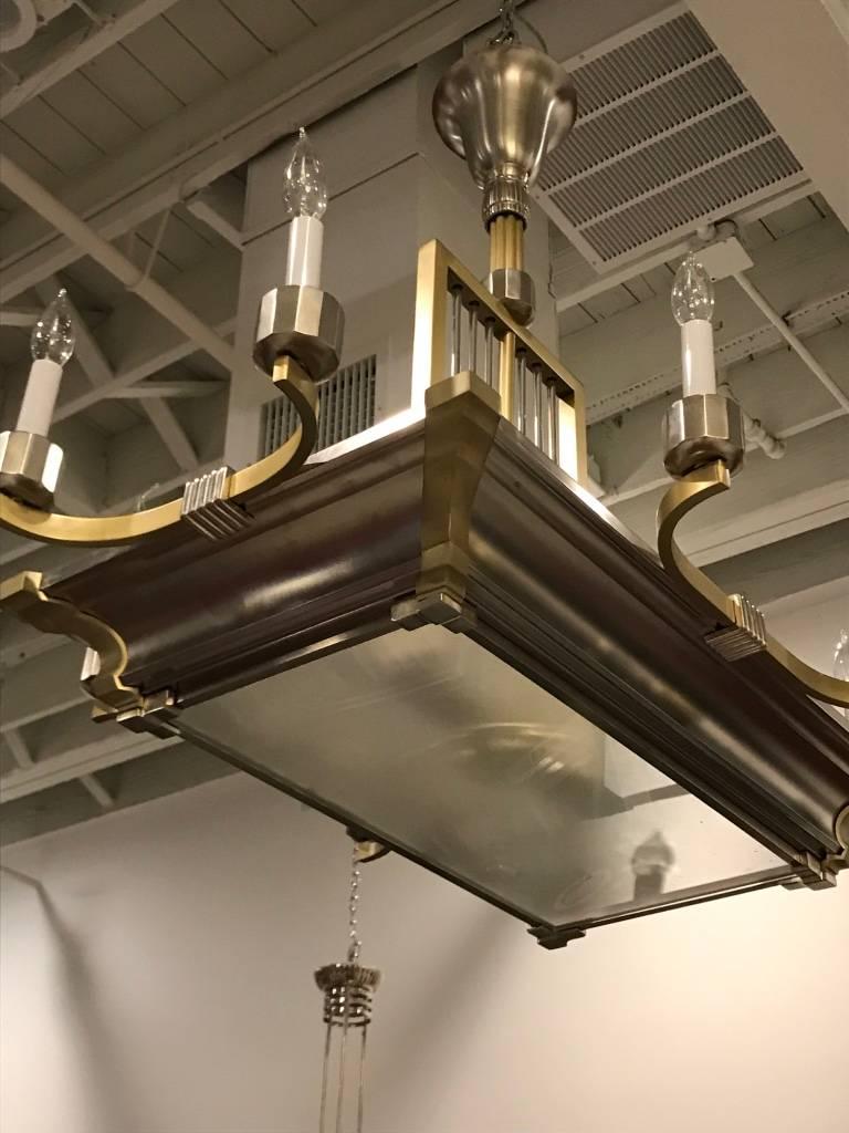 French Art Deco Modernist Two-Tone Brass and Nickel Chandelier In Excellent Condition For Sale In North Bergen, NJ