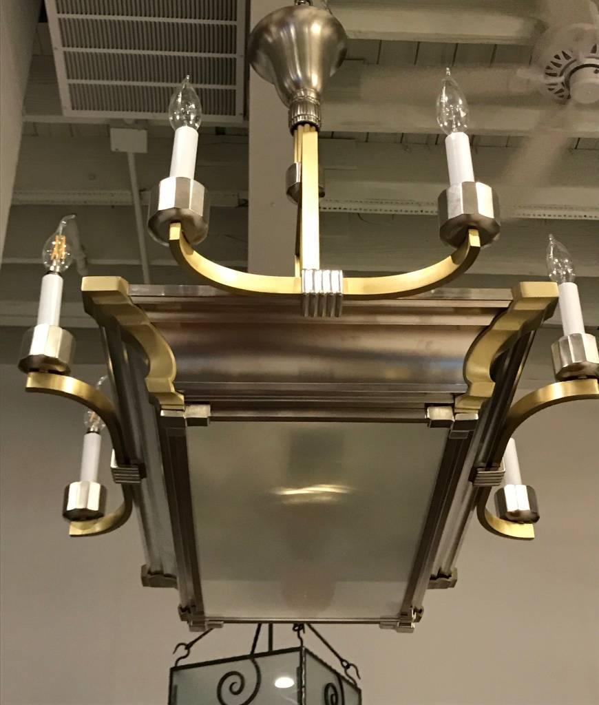 French Art Deco Modernist Two-Tone Brass and Nickel Chandelier For Sale 2