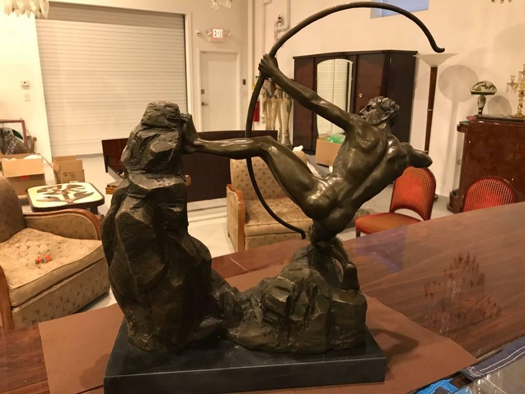 Large Art Deco Bronze Nude Male with Bow on Marble 2