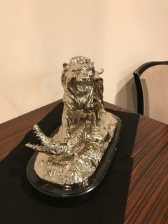 Nickel Bronze Sculpture of Lion Crushing Alligator by Paul Edouard Delabrierre
