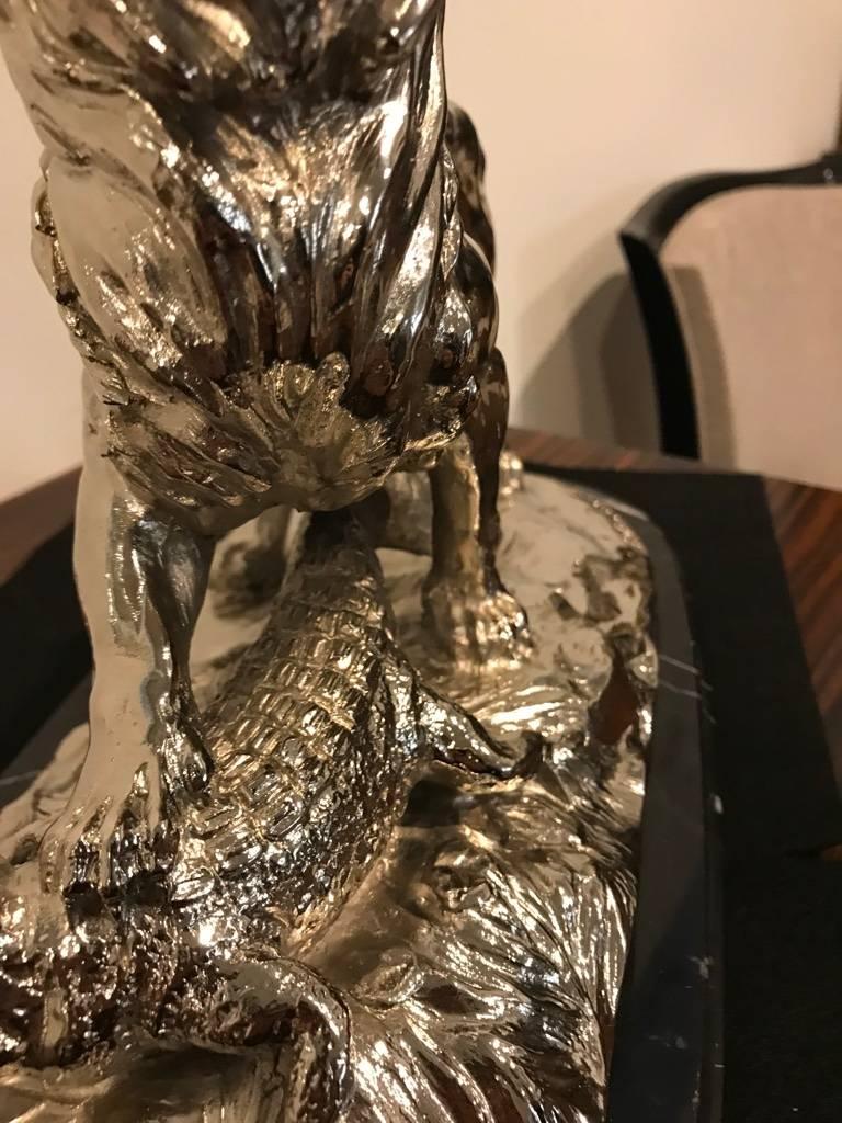 Nickel Bronze Sculpture of Lion Crushing Alligator by Paul Edouard Delabrierre For Sale 1
