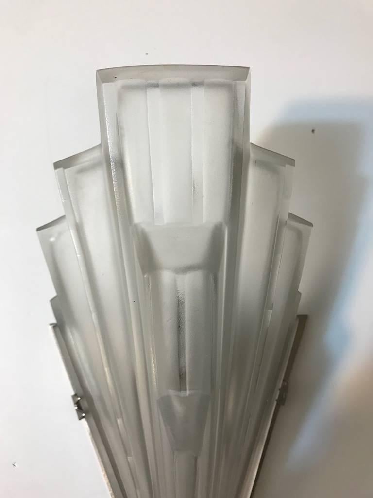 Glass Pair of French Art Deco Skyscraper Sconces Signed by Sabino