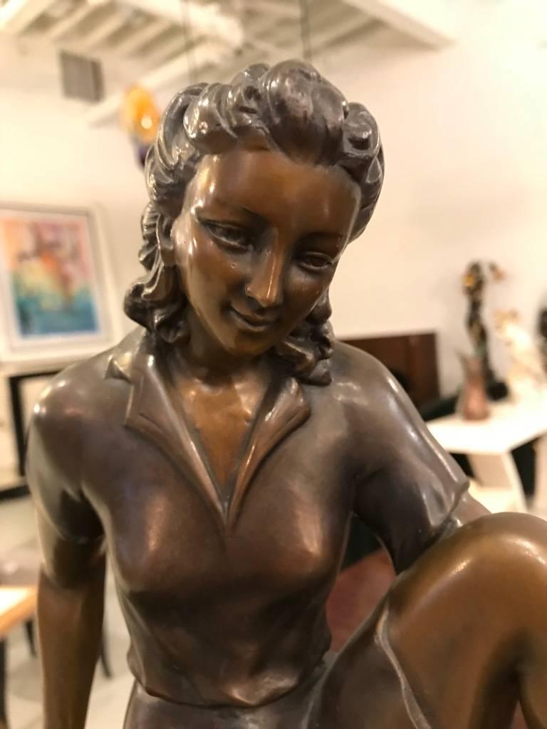 Art Deco Bronze Sculpture of a Girl with Swan on Marble Base For Sale 3