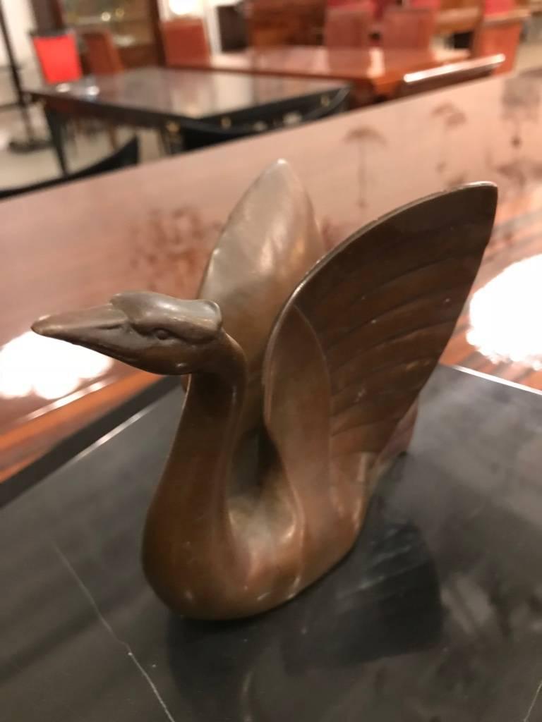 Art Deco Bronze Sculpture of a Girl with Swan on Marble Base For Sale 4
