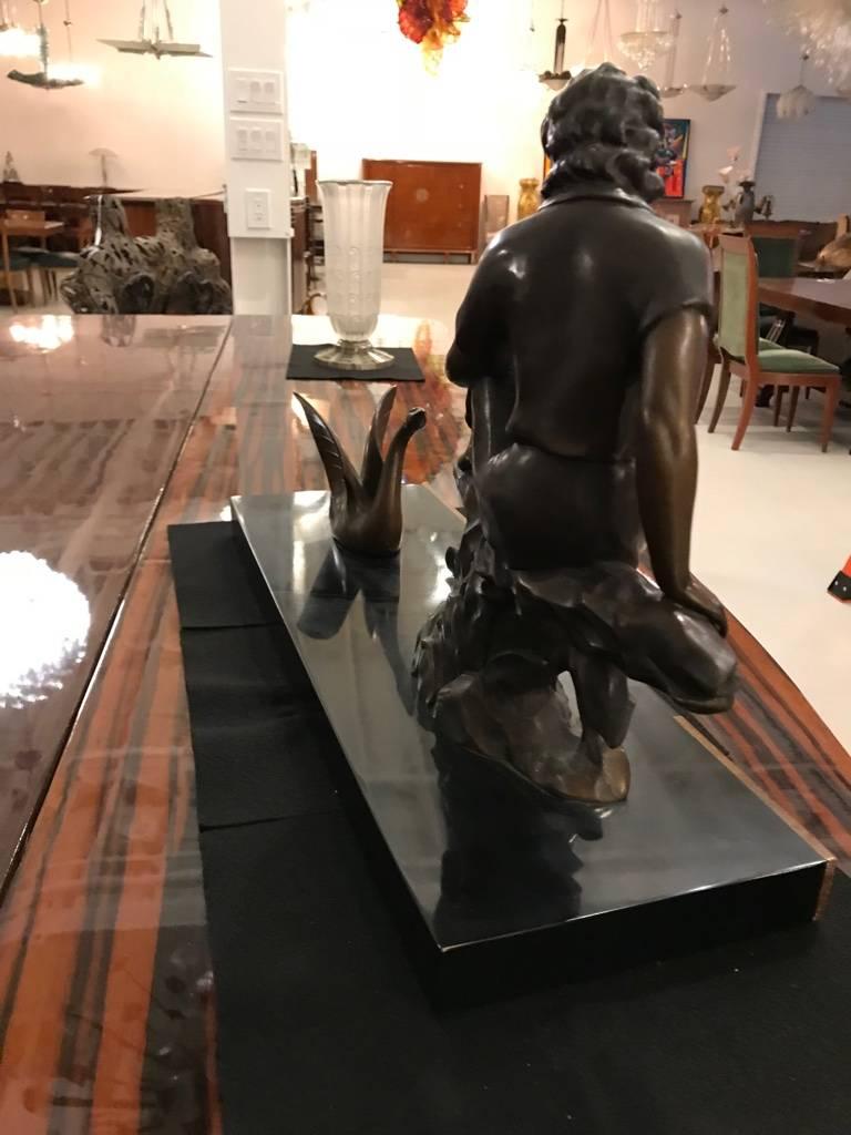 Art Deco Bronze Sculpture of a Girl with Swan on Marble Base For Sale 1