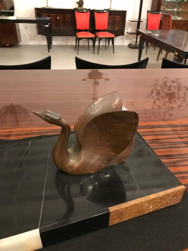 Art Deco Bronze Sculpture of a Girl with Swan on Marble Base In Excellent Condition For Sale In North Bergen, NJ