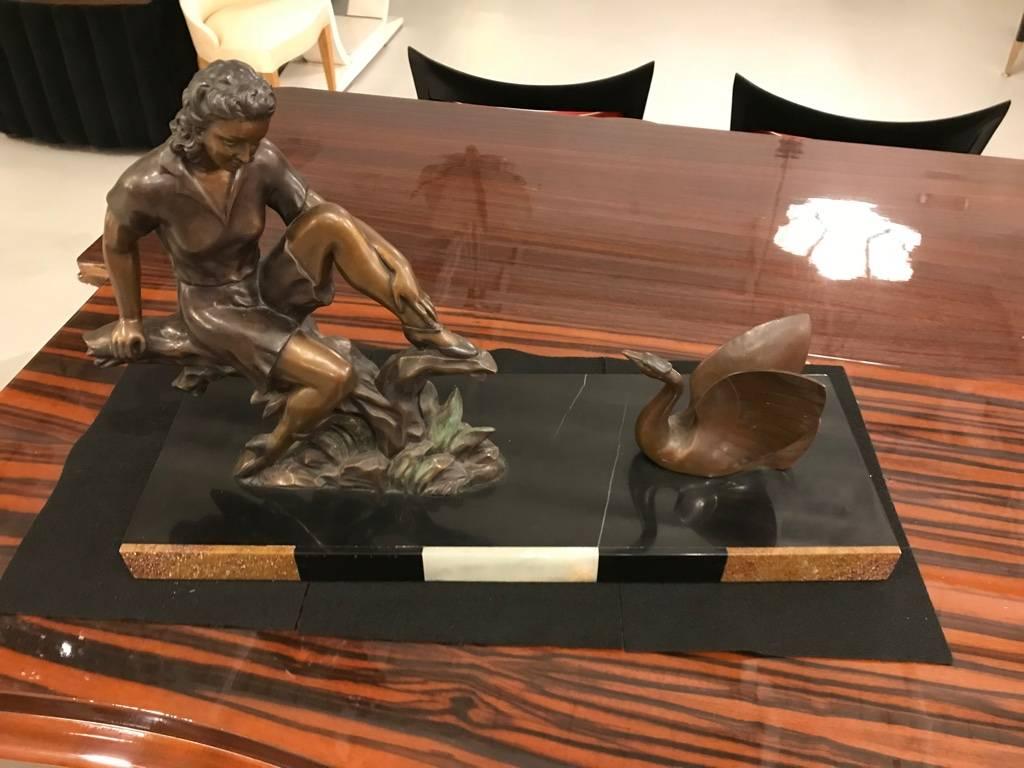 20th Century Art Deco Bronze Sculpture of a Girl with Swan on Marble Base For Sale