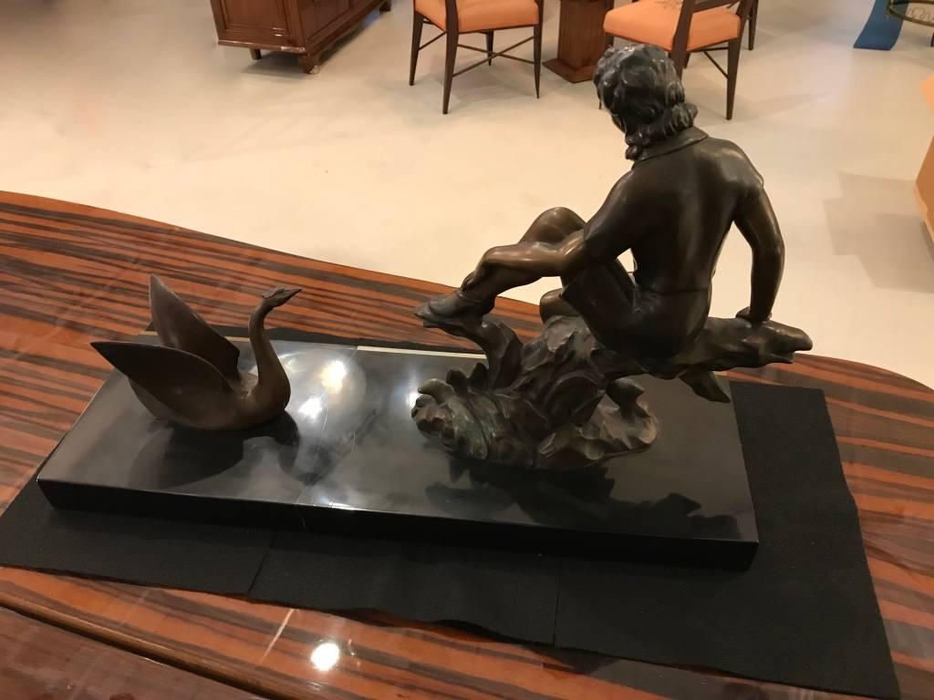 Art Deco Bronze Sculpture of a Girl with Swan on Marble Base For Sale 2