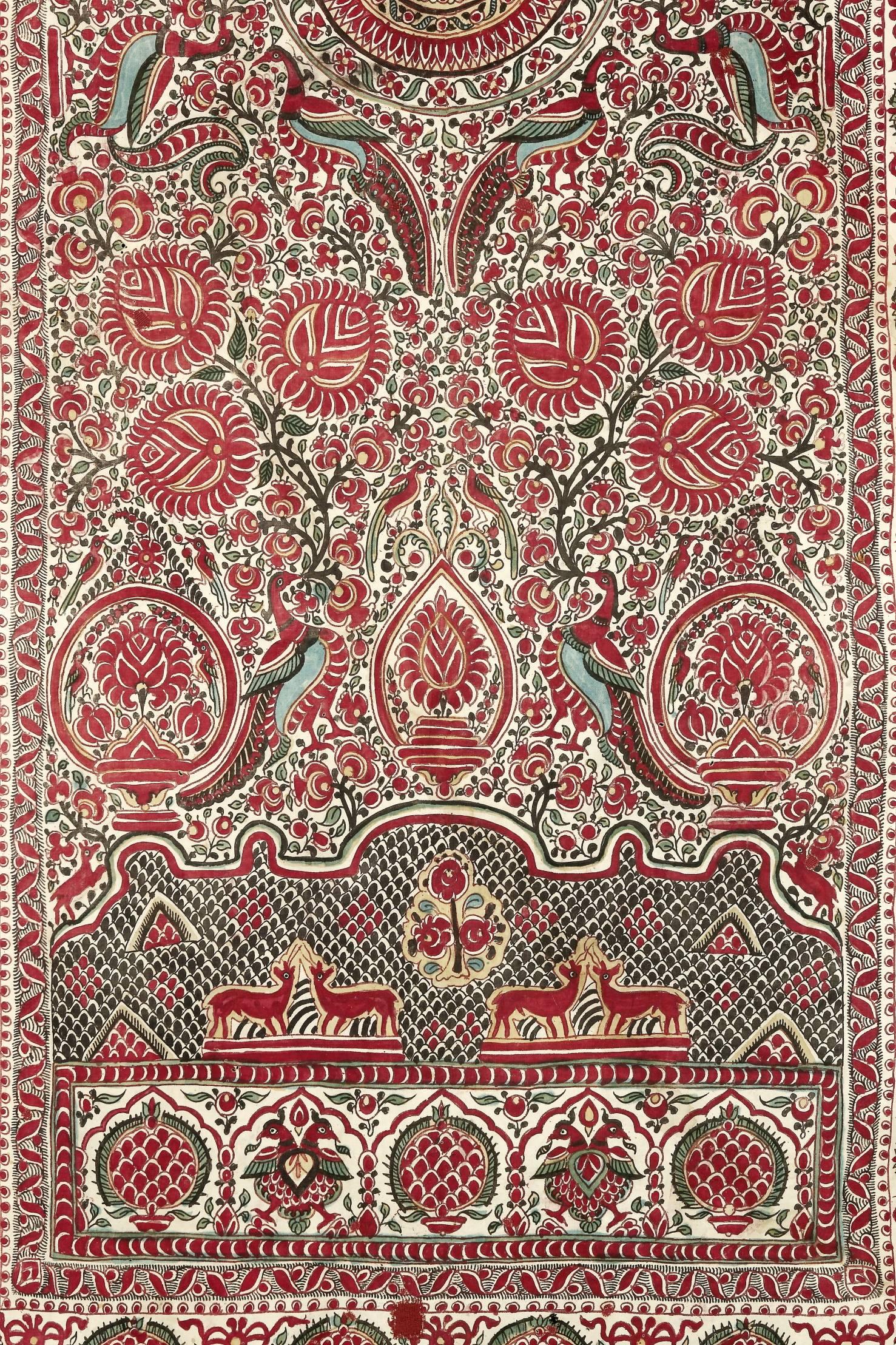 1840-1880 Palampore, ceremonial canopy, hand-painted mordant dyed pattern of birds among central floral medallion on cotton. All natural dyes, produced for the Indonesian market by Indian people, Coromandel coast, southeast India.
Measures: 130 x