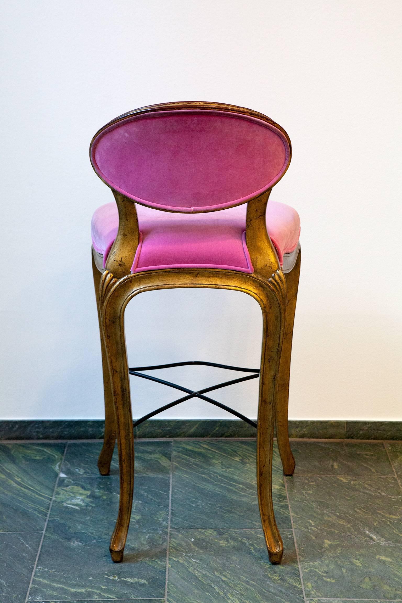 20th Century Louis XV Style Pink Barstool in Velvet with Golden Frame
