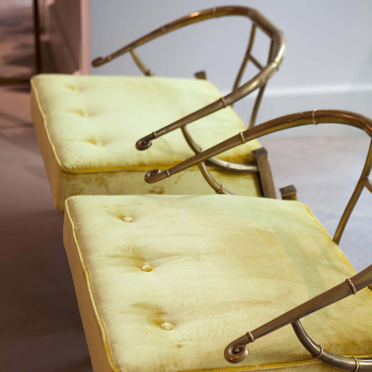 Mid-Century Modern Midcentury Set of Yellow Armchairs by Mastercraft in Brass and Velvet
