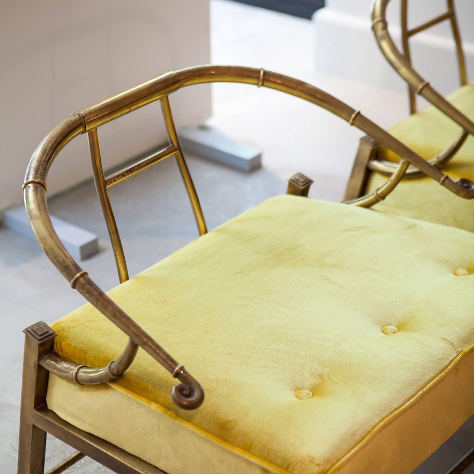 Italian Midcentury Set of Yellow Armchairs by Mastercraft in Brass and Velvet