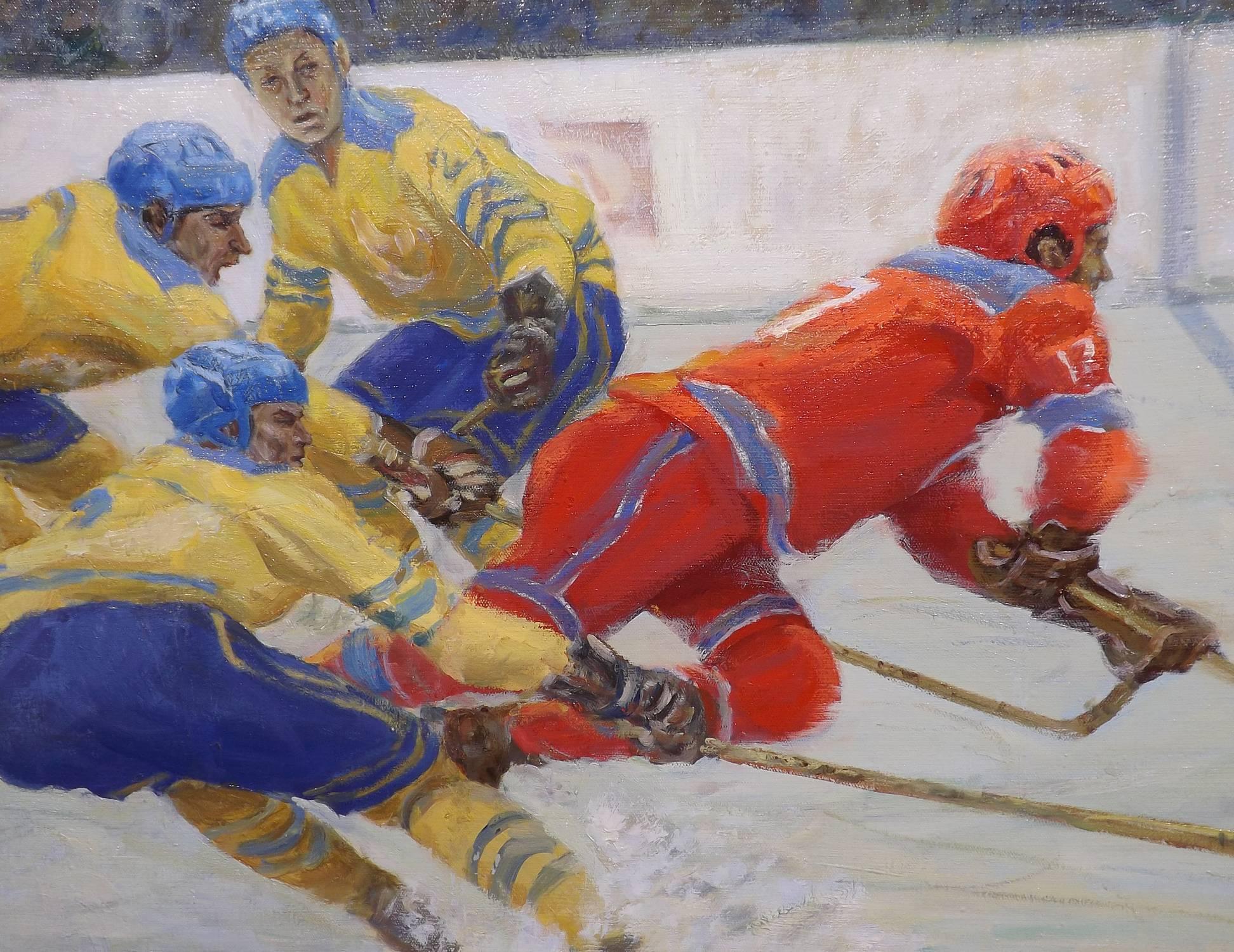 This painting by Nikolai Vassilievich Ovchinnikov (1918-2004) of the Soviet Union playing Sweden. In the 1973 the Soviet hockey team won the World Championship over Sweden which was played in Moscow.

Number 17 of the Soviet team with the puck is