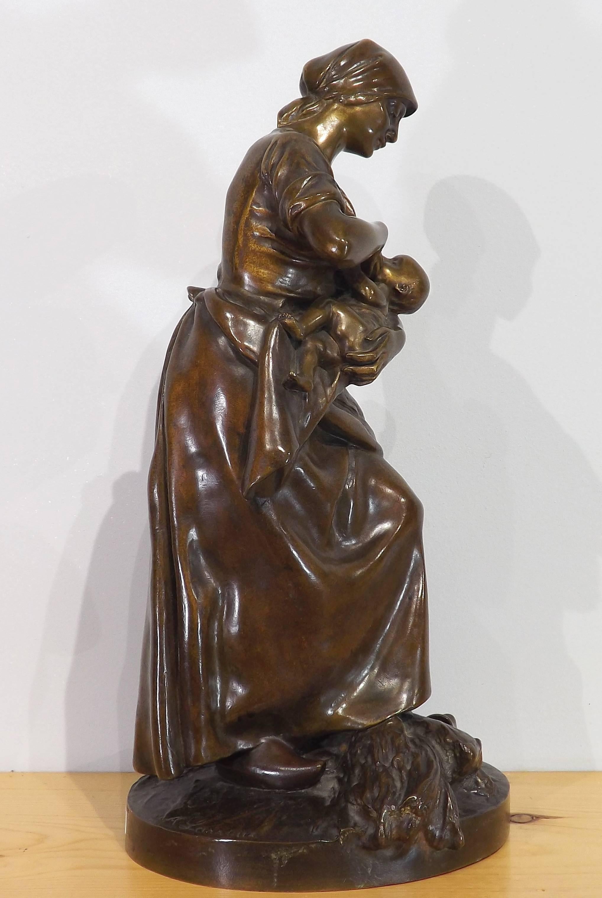 Original bronze of a French peasant woman nursing a newborn, standing over a sheaf of wheat. 

Antonin Larroux (1859 - 1913) was a member of the Salon des Artiste Francais and was known for his sculptures of the French working class.

He