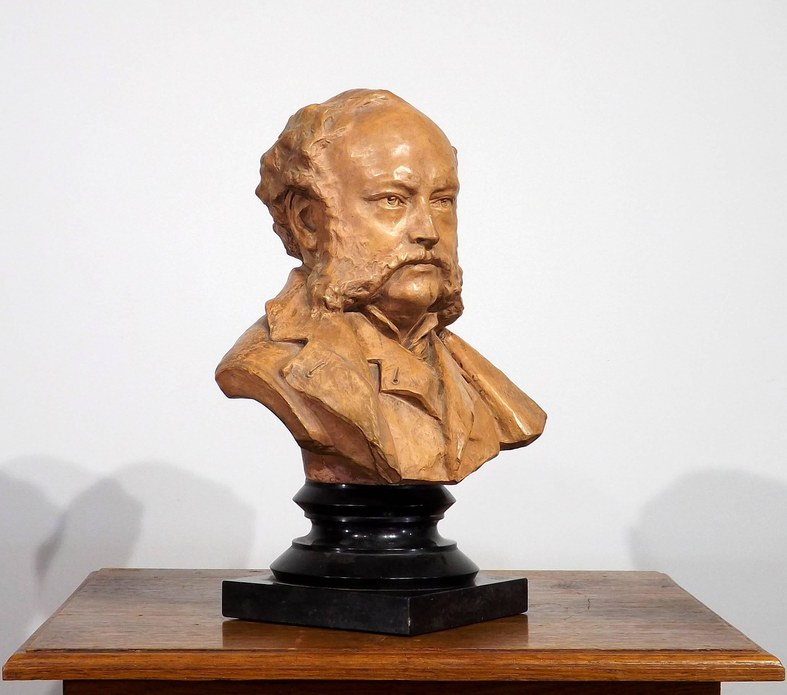 This original sculpture, signed and dated 1880, by renowned American Olin Levi Warner (1844-1896) of stately gentleman rests on a black marble plinth. Warner was known for sculpting many prominent figures, including President Rutherford B. Hayes and