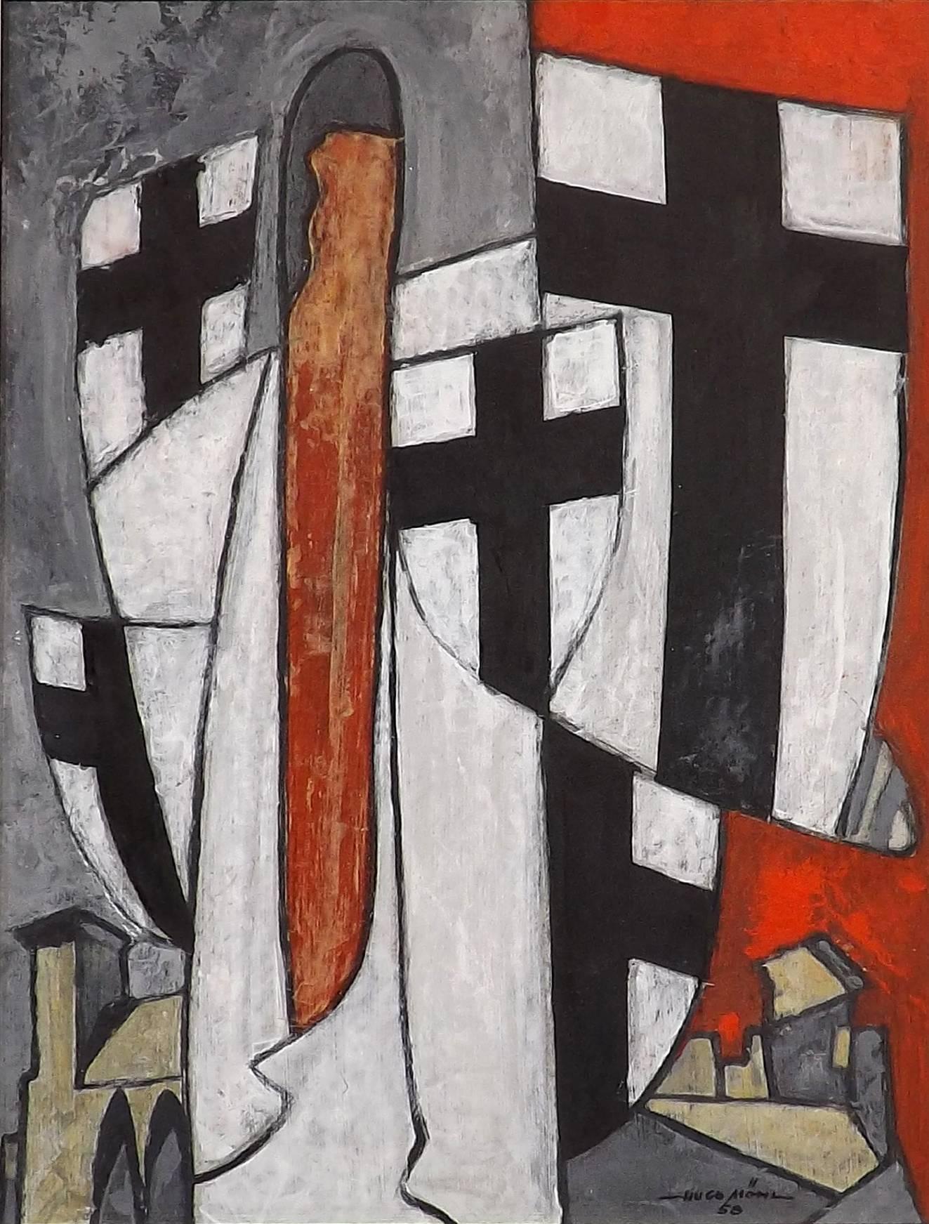 'Ordensritter' tempera on panel dated 1958 by Hugo MöhL. Born in 1893 in Dusseldorf, Germany and graduated from the Academy of Fine Arts in Berlin. Began his proffessional career as a traditional representational artist. Hugo received high acclaim