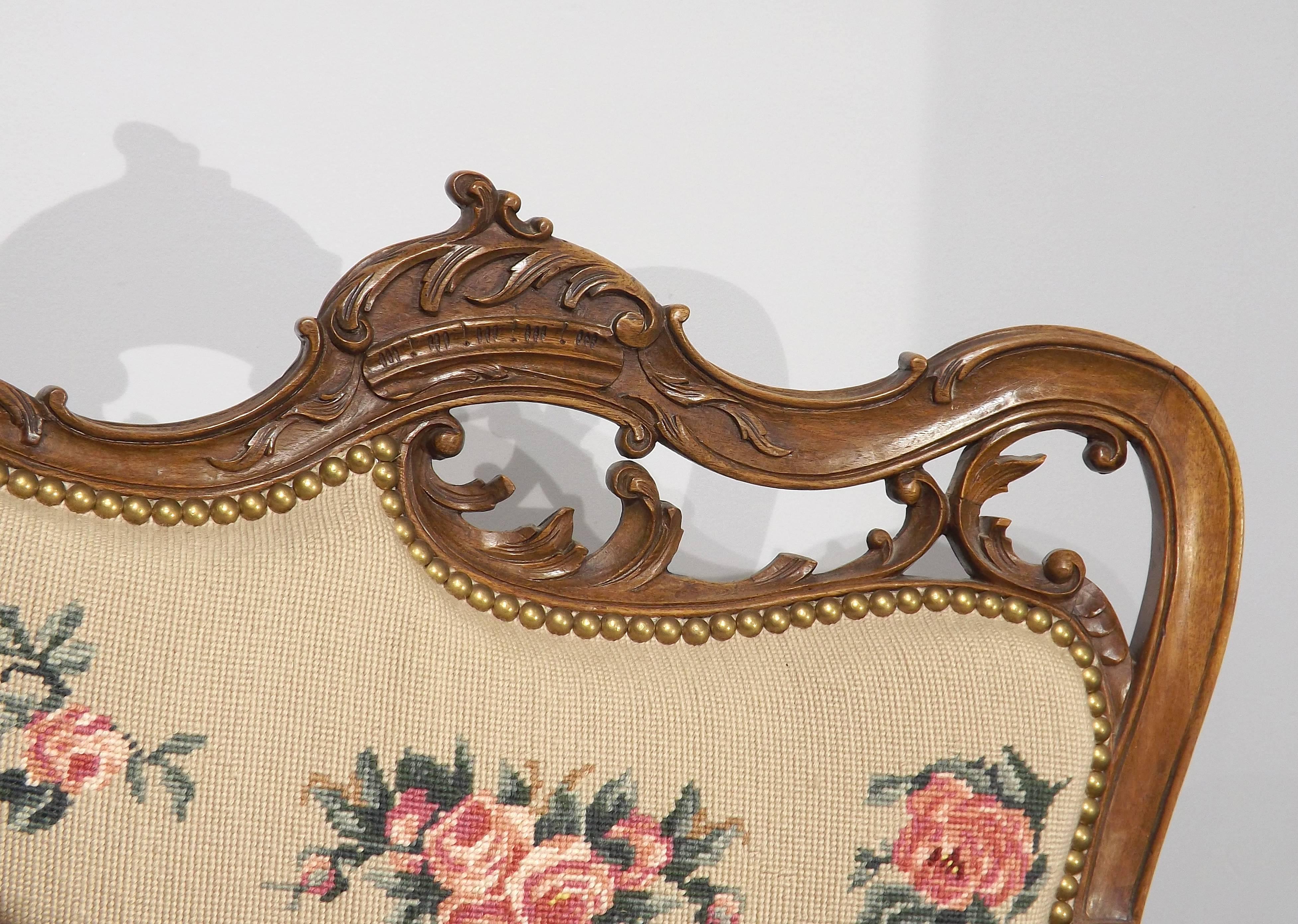 French Pair of Louis XV Walnut Asymmetrical Fauteuils with Needlepoint