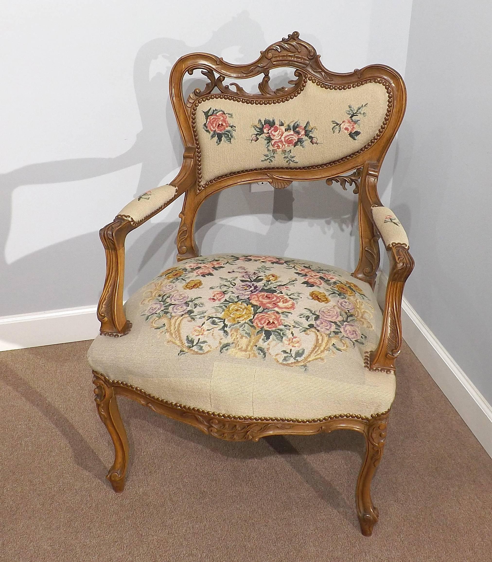 Carved Pair of Louis XV Walnut Asymmetrical Fauteuils with Needlepoint