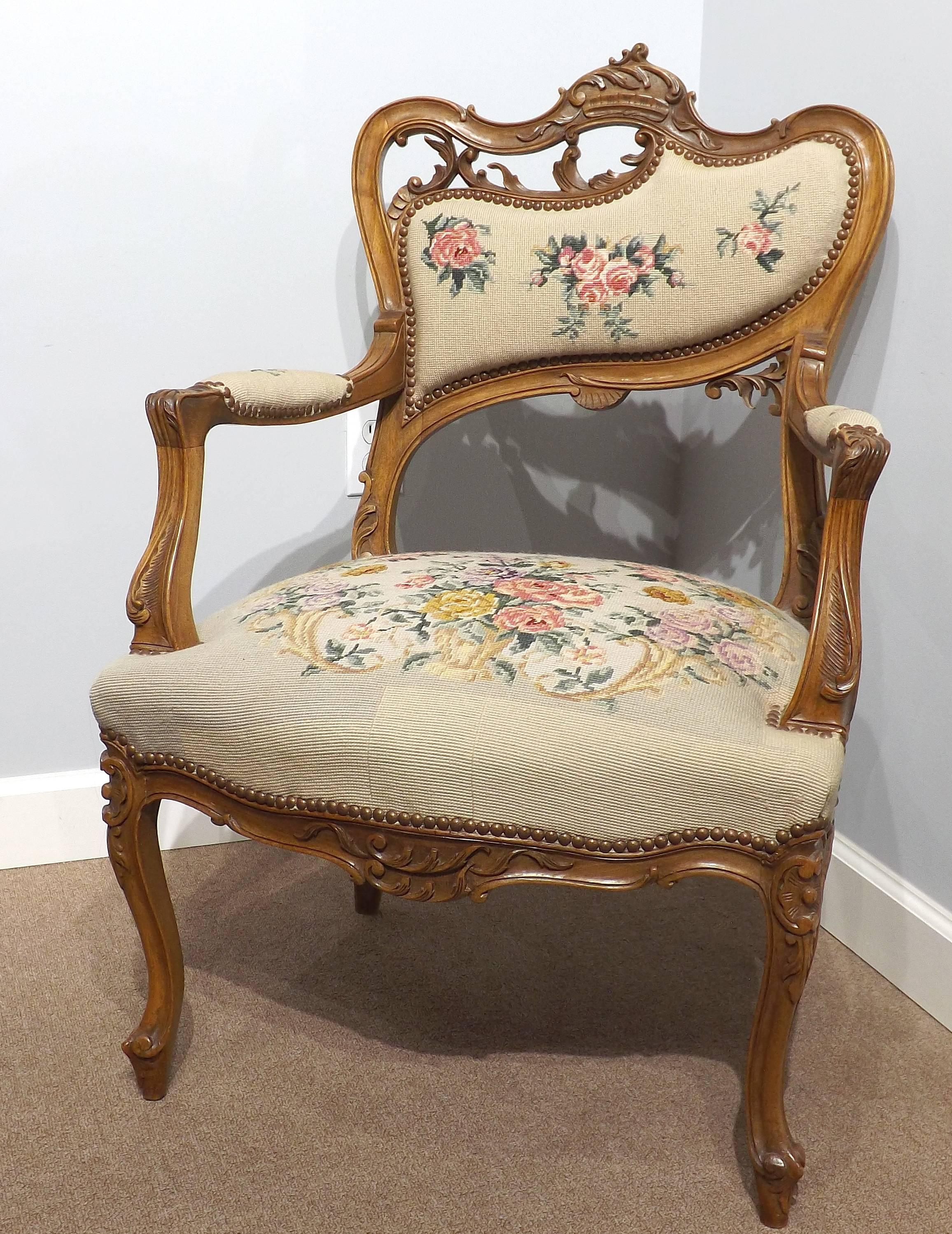 19th Century Pair of Louis XV Walnut Asymmetrical Fauteuils with Needlepoint
