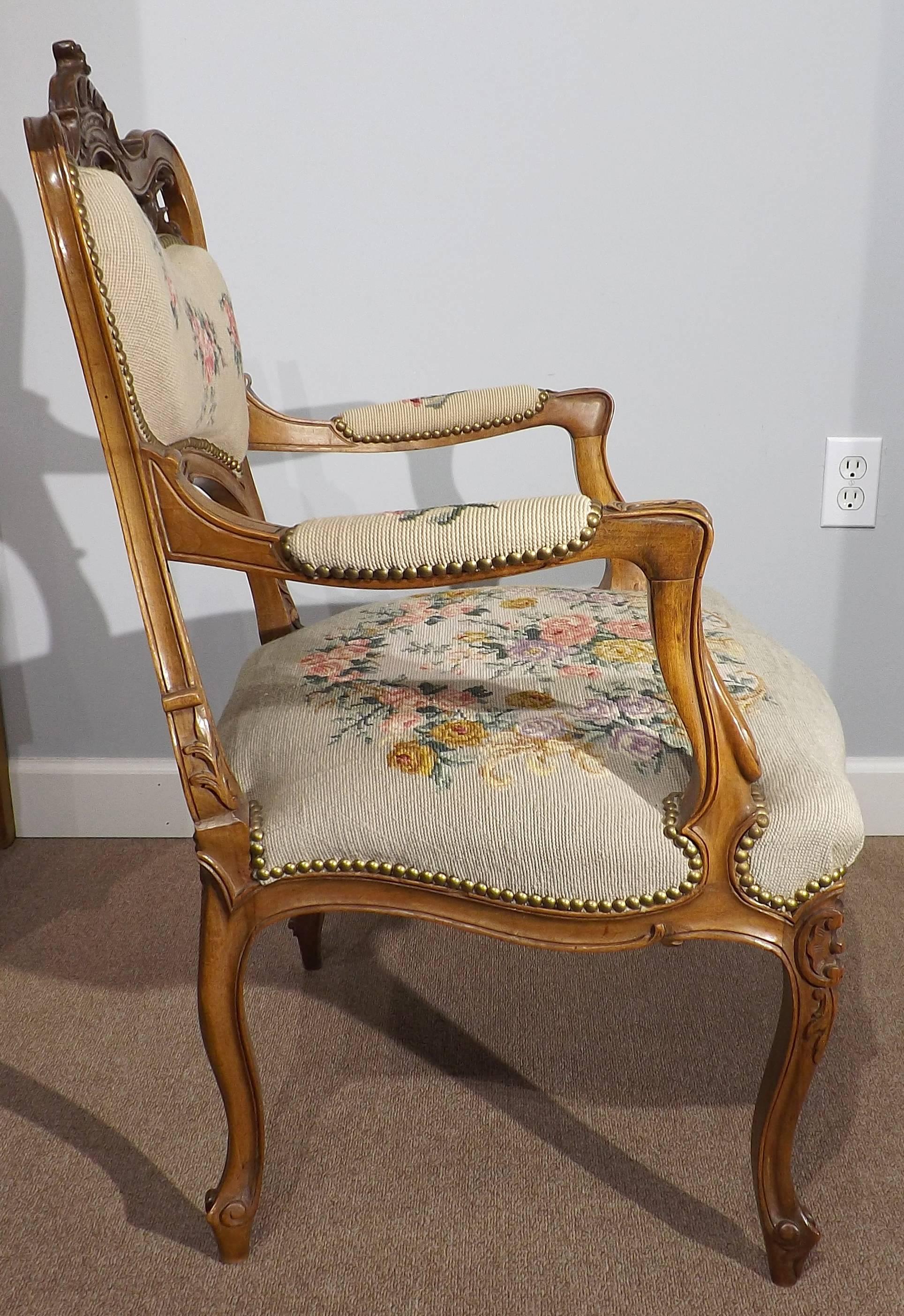 Fabric Pair of Louis XV Walnut Asymmetrical Fauteuils with Needlepoint