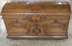 Flemish Carved Oak Chest with Wrought Iron Handles, Dated 1803