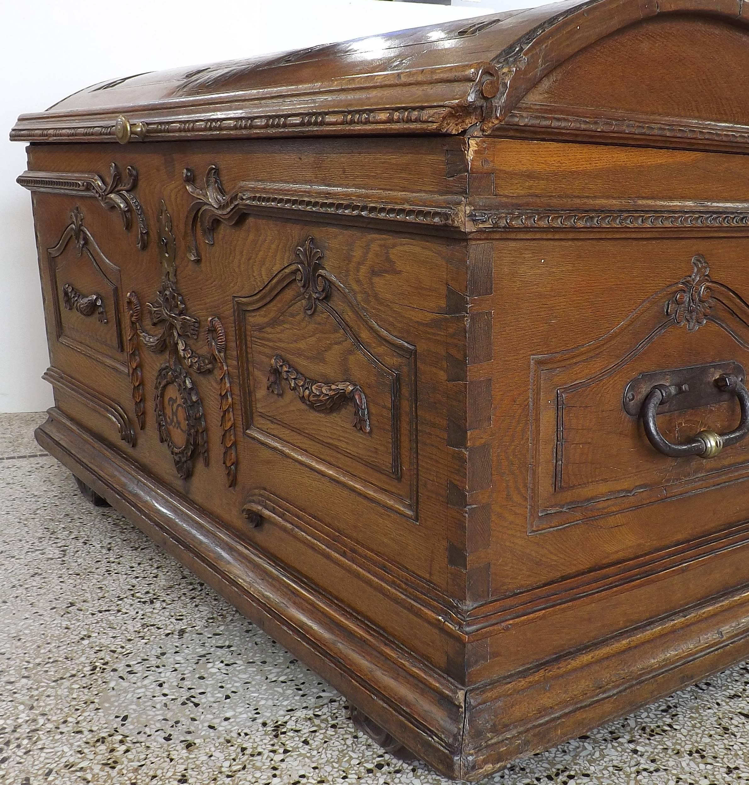 Empire Flemish Carved Oak Chest with Wrought Iron Handles, Dated 1803