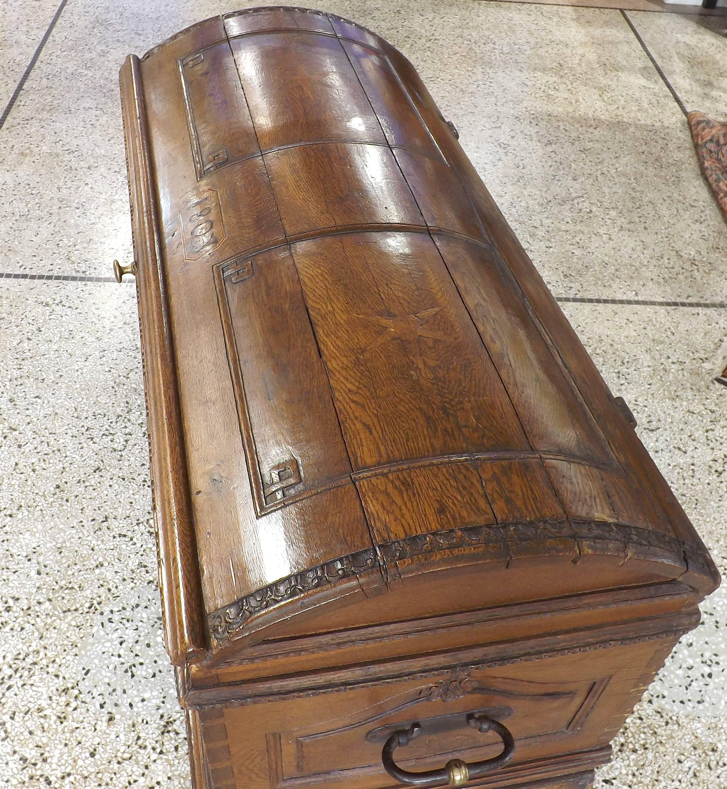 Dutch Flemish Carved Oak Chest with Wrought Iron Handles, Dated 1803