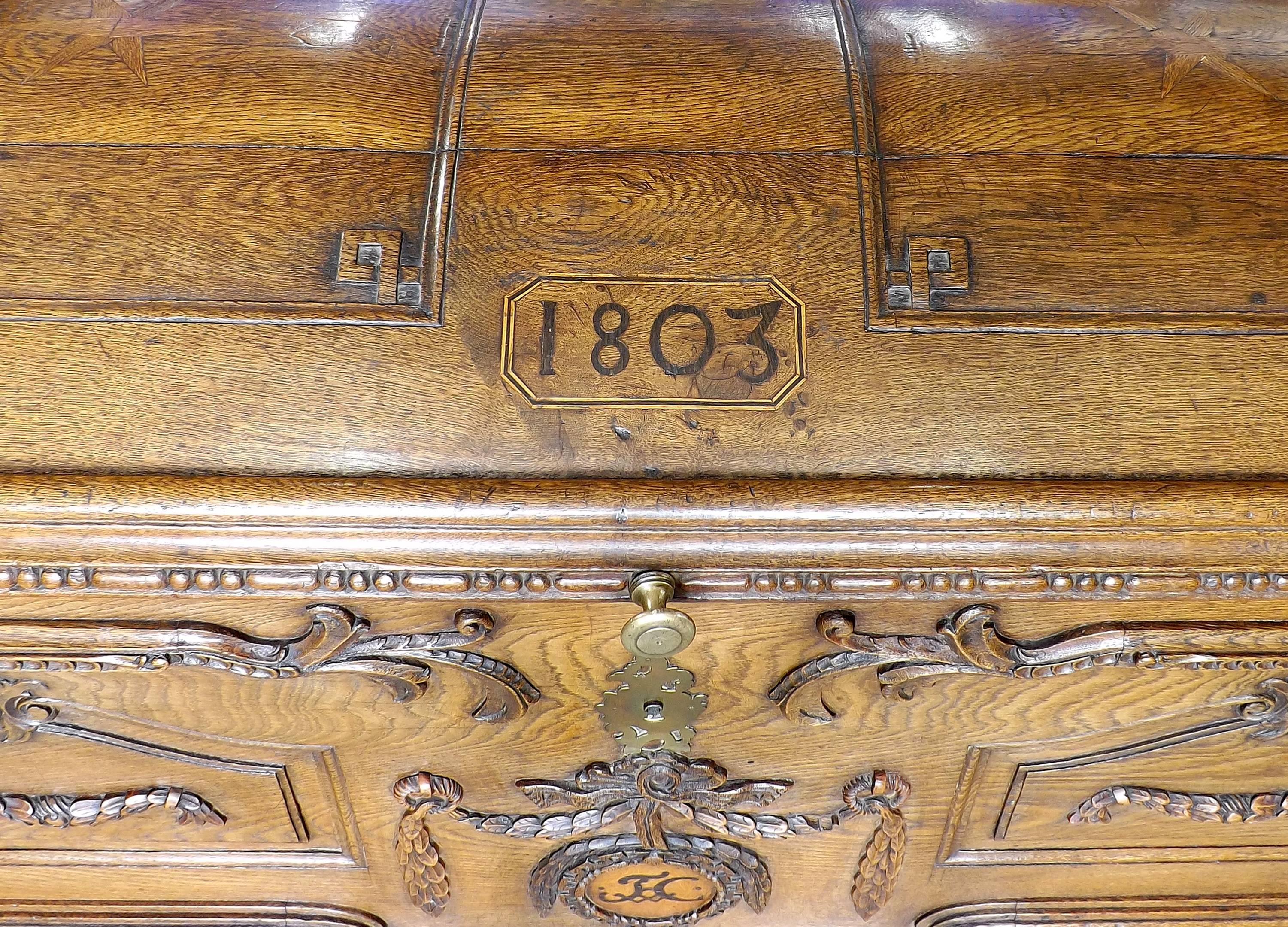 Flemish Carved Oak Chest with Wrought Iron Handles, Dated 1803 In Good Condition In Charlevoix, MI