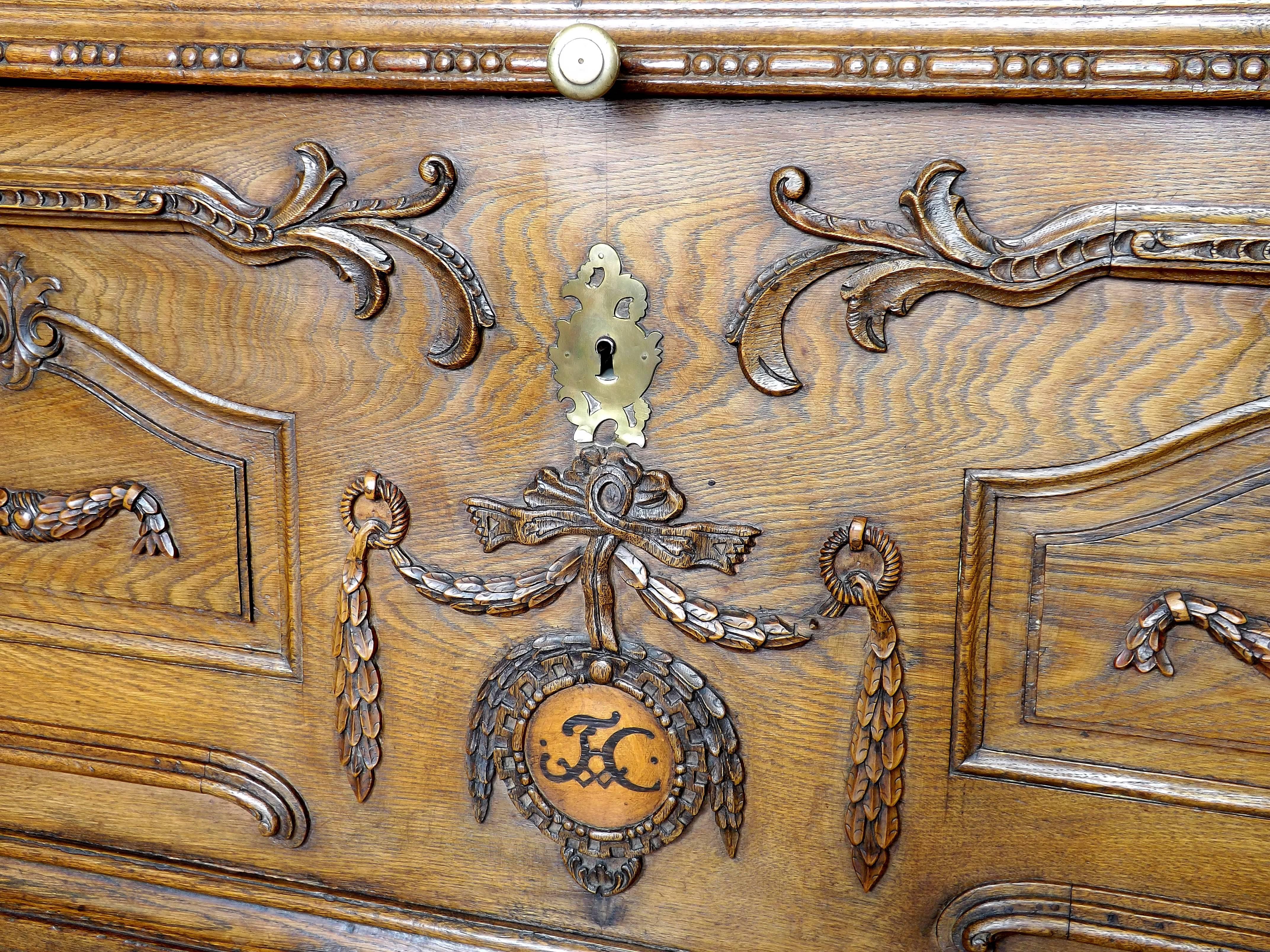 Early 19th Century Flemish Carved Oak Chest with Wrought Iron Handles, Dated 1803