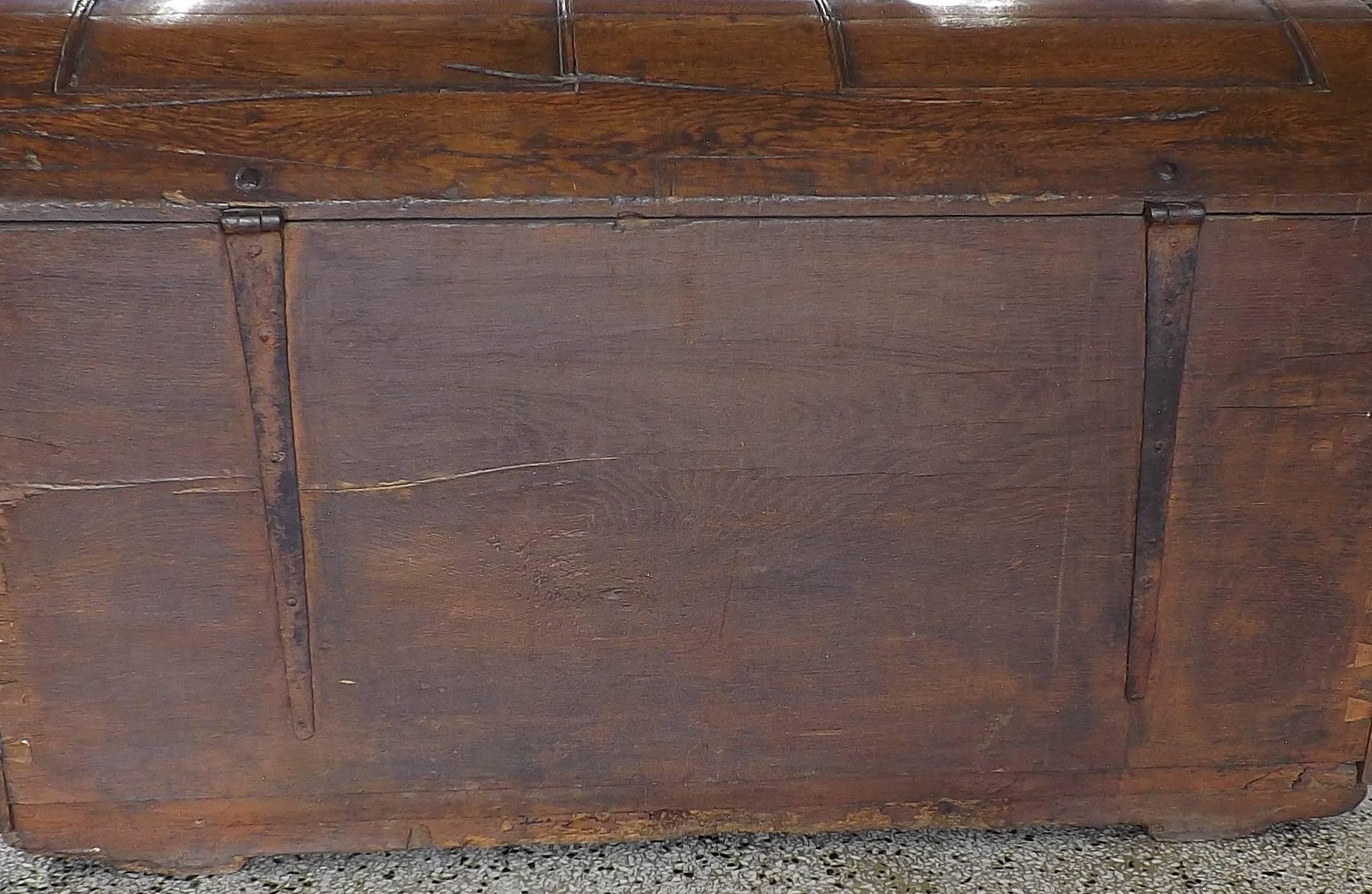 Wood Flemish Carved Oak Chest with Wrought Iron Handles, Dated 1803