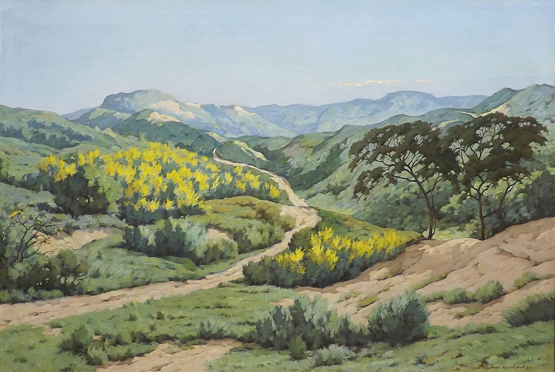 A colorful impressionist landscape of Southern Californian hills with bright yellow wildflowers under a blue sky. This oil painting on canvas by this well known Dutch/American painter is framed in a contemporary gold-leaf frame. 

Born in 1892,