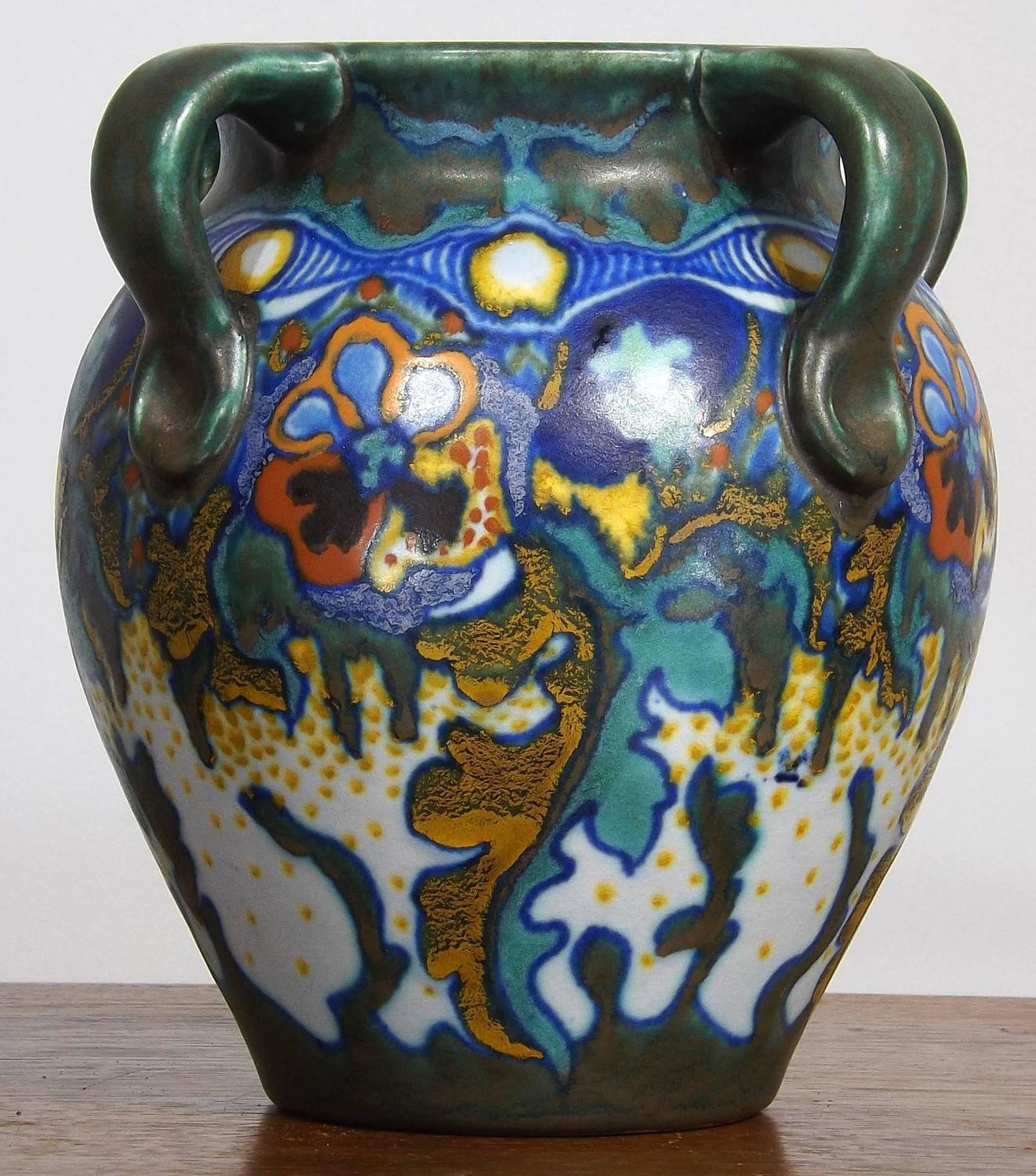 Colorful Four Handle Gouda Vase, Dutch, Early 1900s at 1stdibs