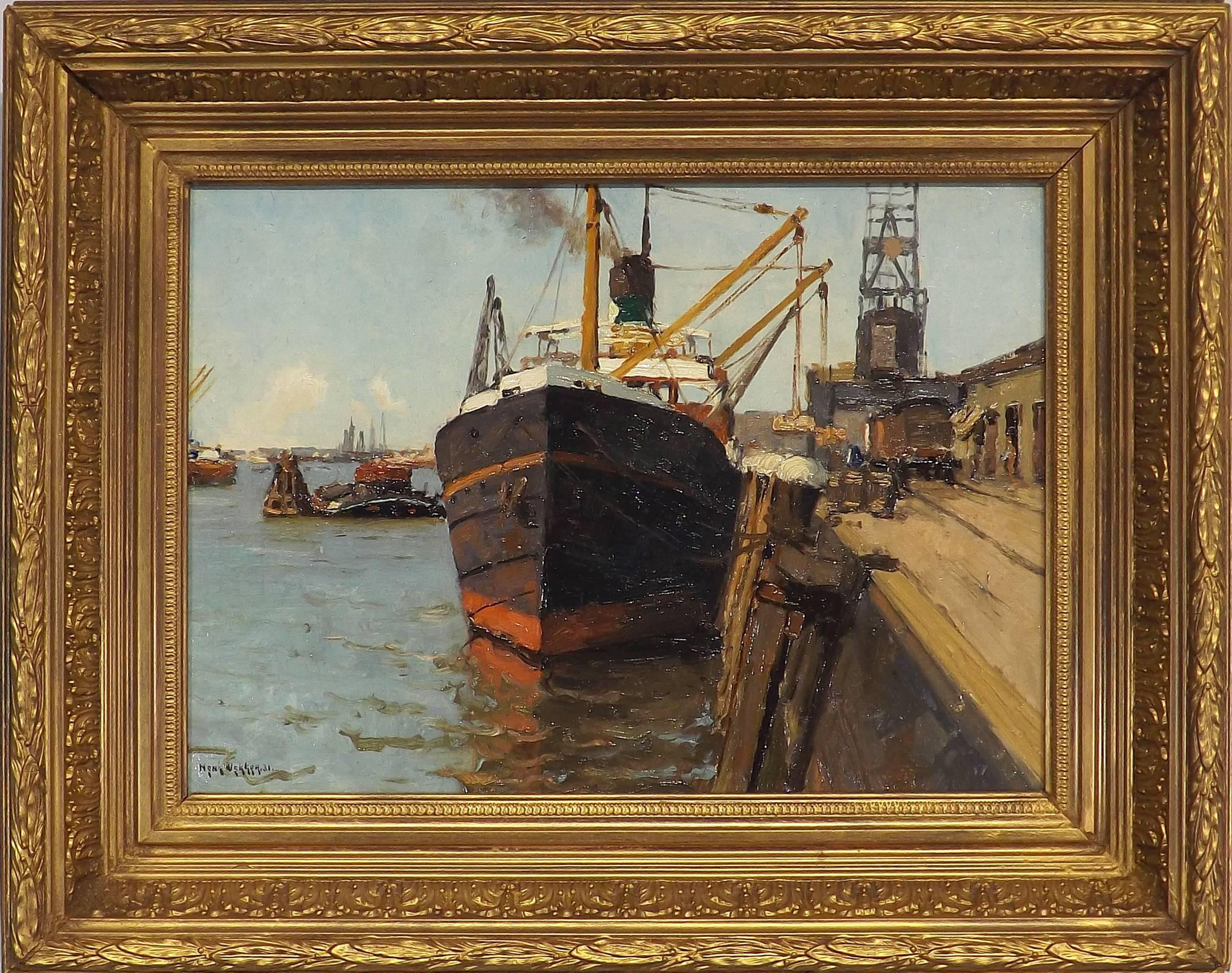 A very nice scene of a tramp steamer unloading cargo by Dutch maritime painter Henk Dekker (1897-1974). Signed lower left and dated '31. Beautifully framed in a gilt period frame, this oil on canvas measures 16 3/4 inches tall and 20 3/4 inches