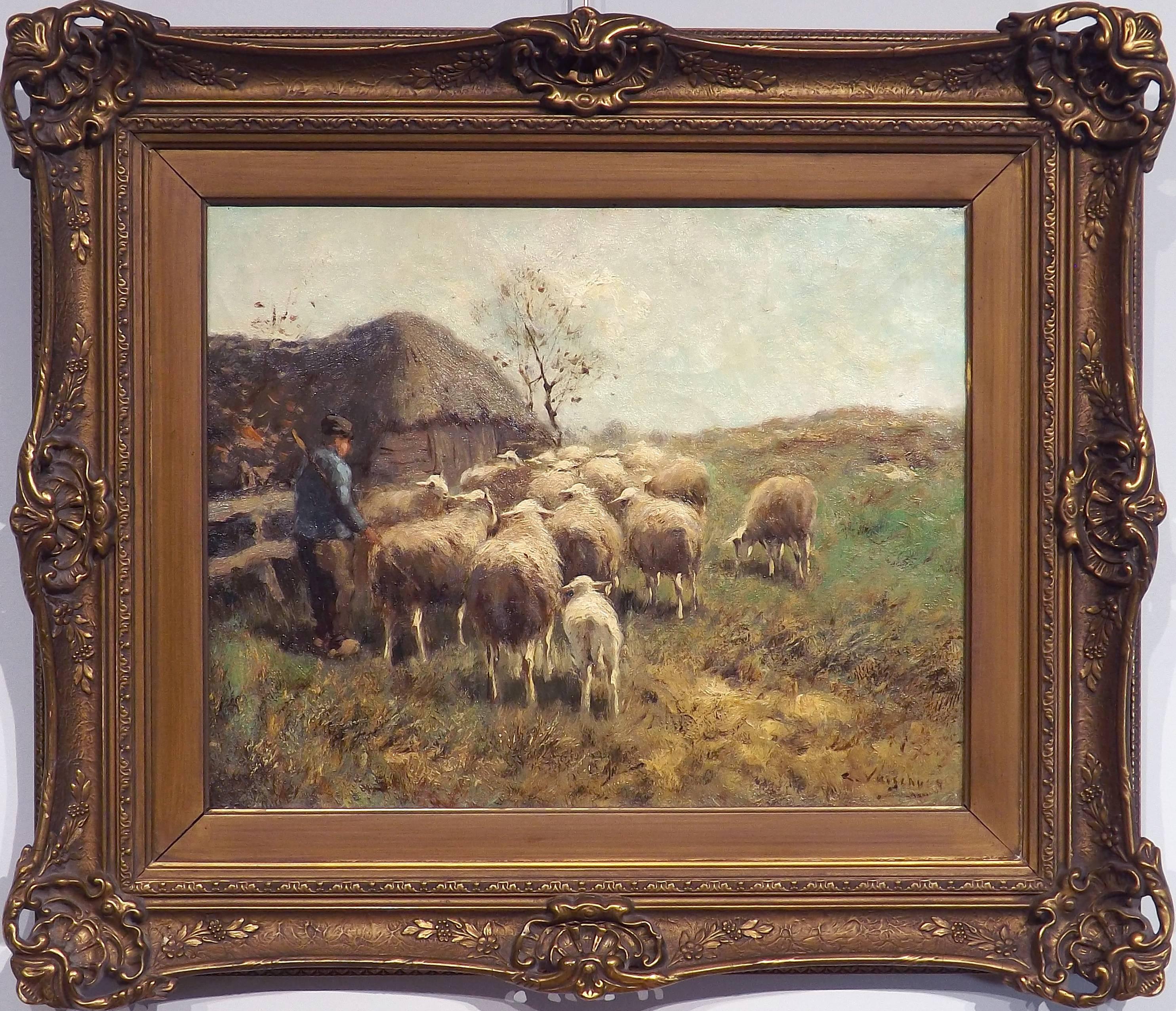 A pleasant painting of a farmer with his herd of sheep by Dutch painter Cornelis Bouter, signed lower right with one of his pseudonyms, 'C. Verschuur'.

Bouter was born in Gouda in 1888, where he worked until 1928. He eventually moved to The