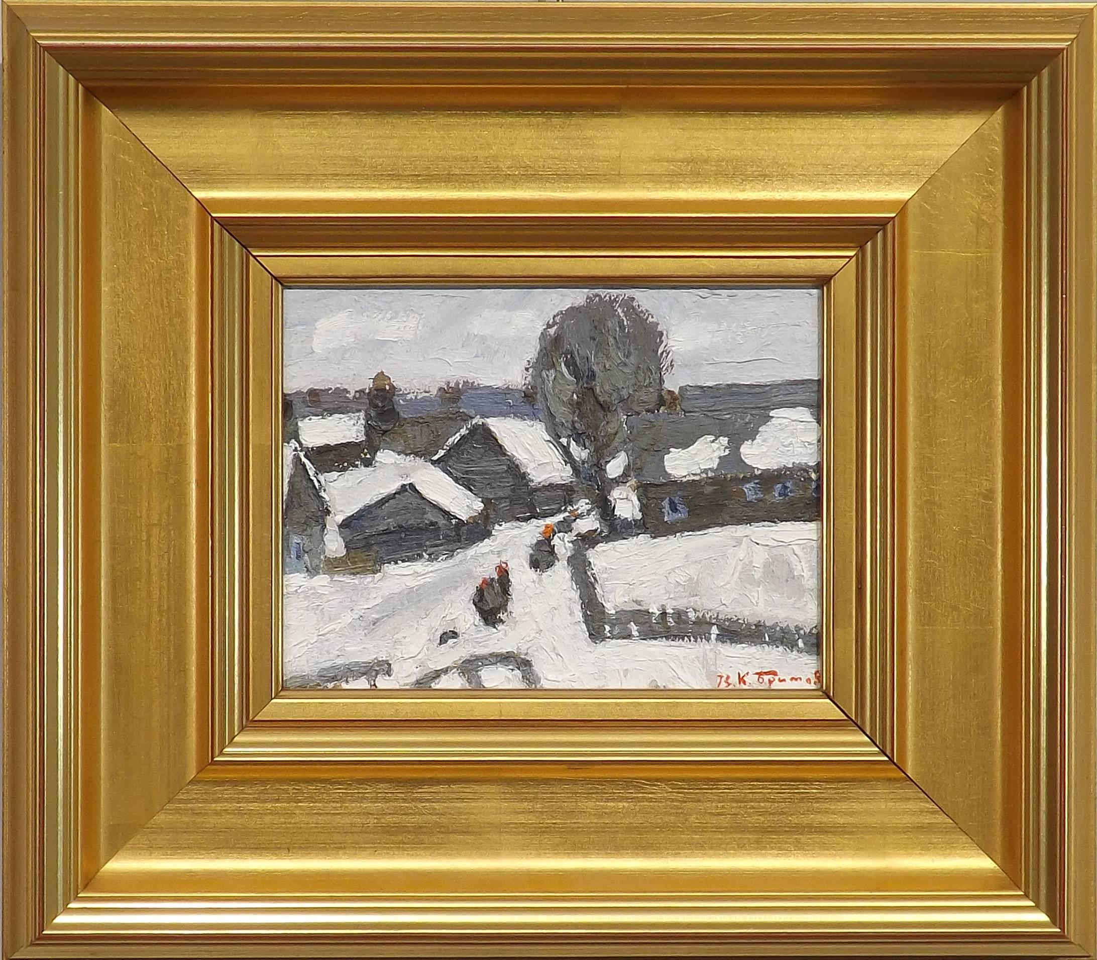 A wintry scene of figures walking through the small village of Zhelnikha, Russia, oil painting on board by Vladimir School artist Kim Britov.

Britov was born in 1925 in Sobinka in Vladimir region, and in 1945 at the age of twenty he entered the