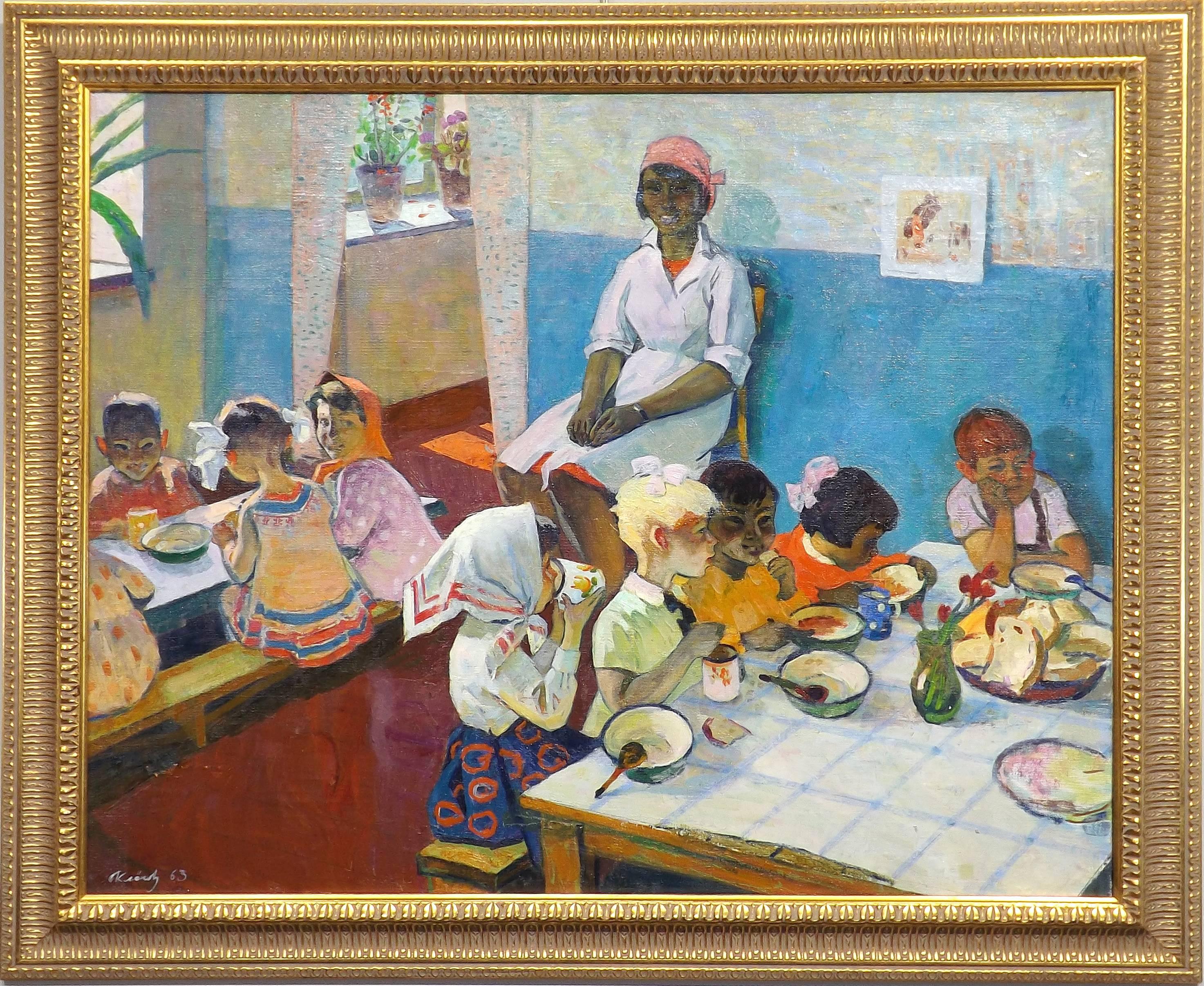 A wonderful painting of group of children having lunch at a communal school while being watched by their teacher, this painting by Russian artist Vladimir Klenov showcases the true feel of Social Realist art.

Klenov was born in 1932 in