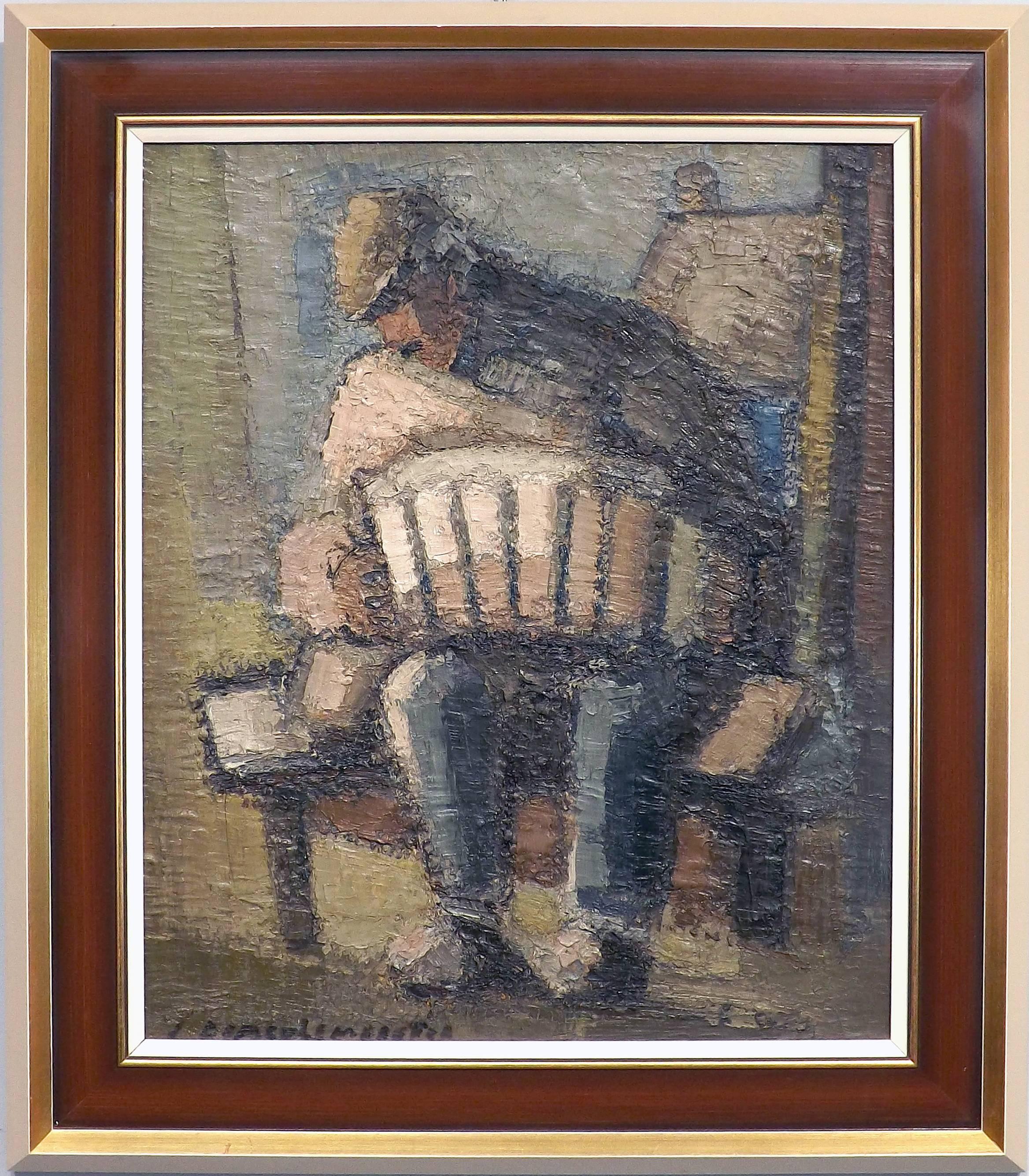 A powerful oil on canvas modernist painting of an accordion player by Belgian painter Jules De Meulemeester (1920 - 1989). Circa 1950.

De Meulemeester was born in Belgium in 1920 and established himself as a painter and stone sculptor, and later