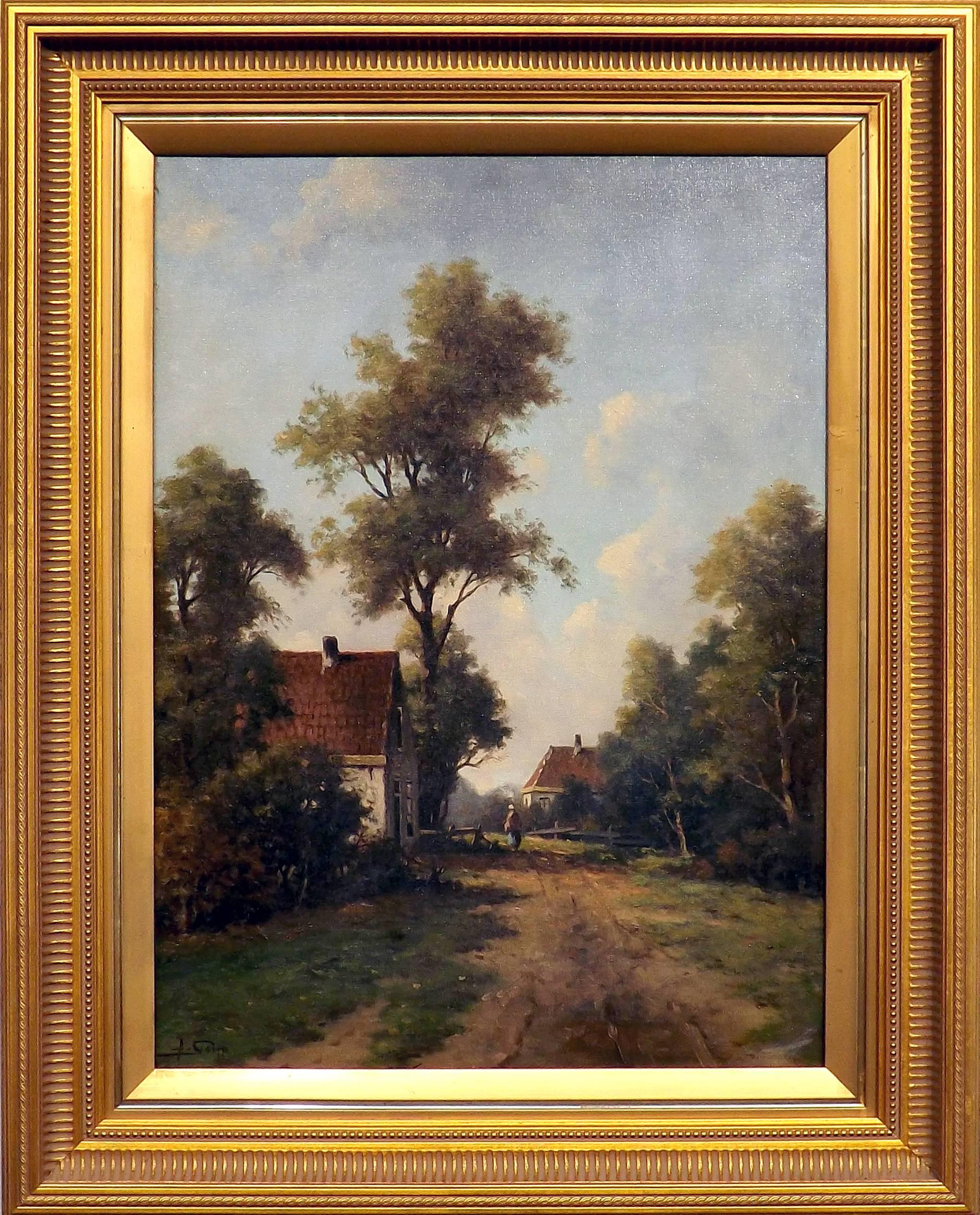 A classical Dutch oil on canvas painting of a solitary figure walking upon an old dirt road, somewhere in the heartland of Holland. Adriaan Marinus Geijp (1855-1926) was born in Middelburg, The Netherlands in 1855. Originally a decorative artist, he