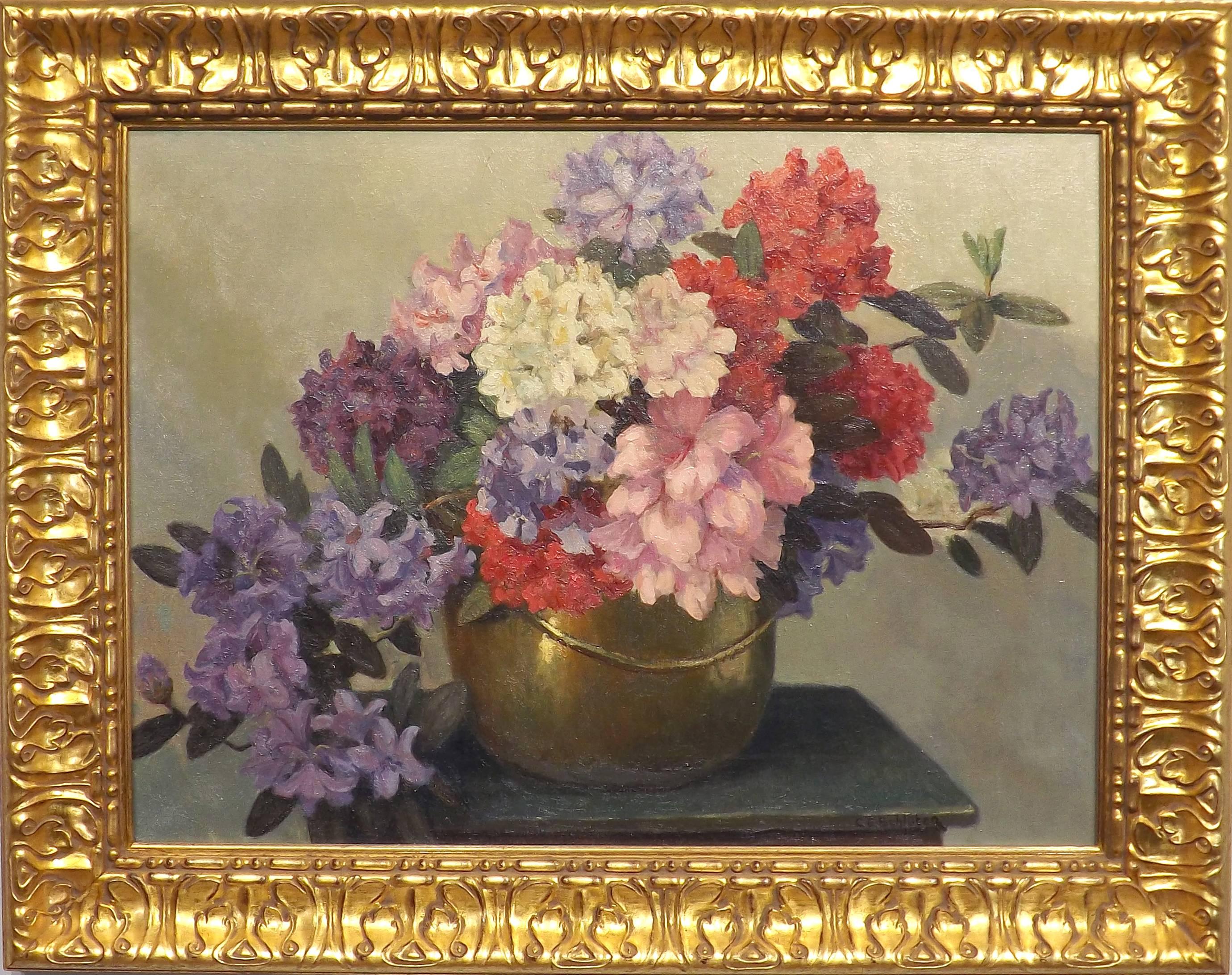 A wonderful floral painting of rhododendrons in a shiny copper kettle. Painted by Carl Schlüter (1886-1973), a graduate of the Royal Academy of Fine art in Amsterdam. He worked in Amsterdam, Dordrecht, Laren (NH) and in 1924 he established himself