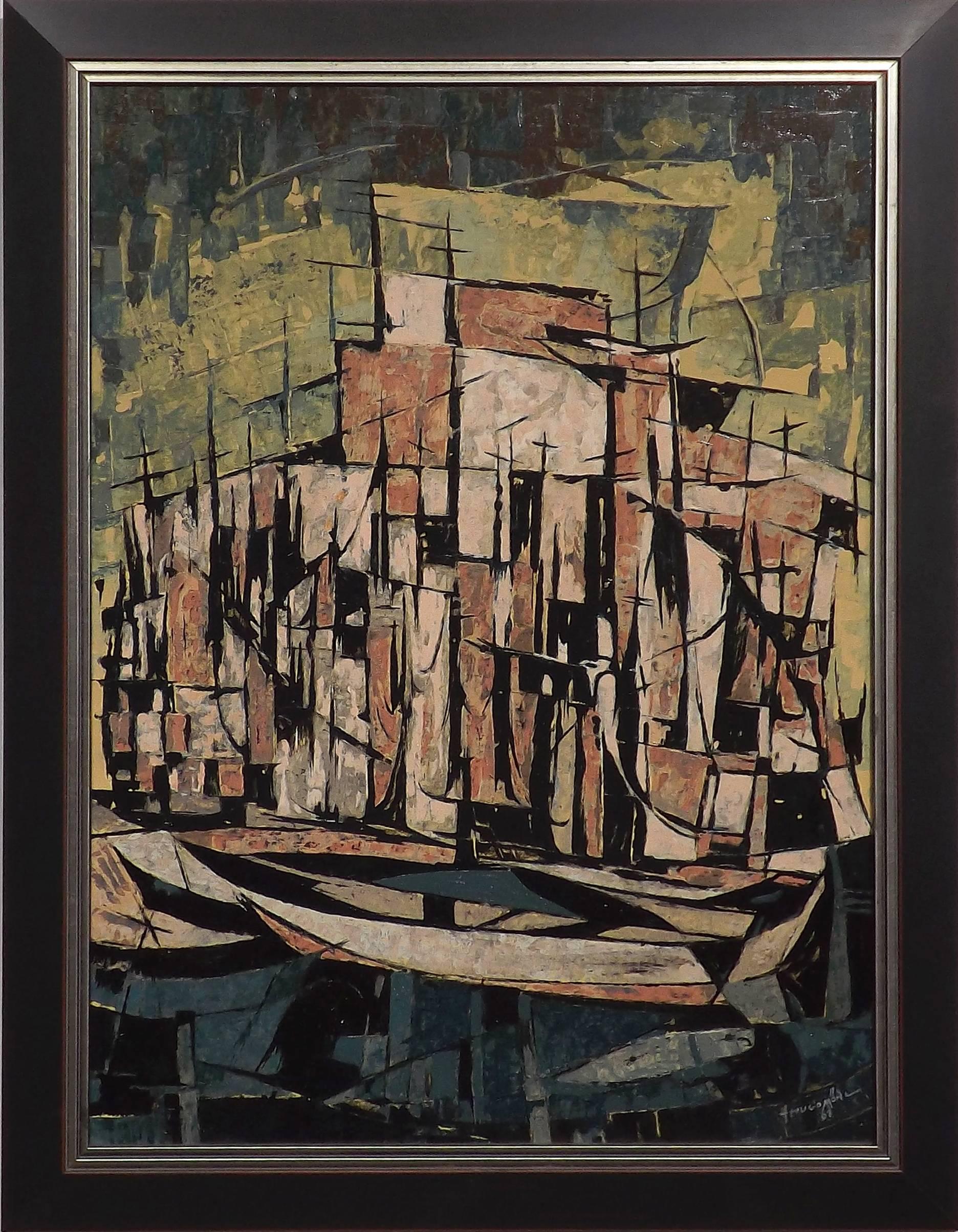 'Segel Hafen,' German for yacht harbor, oil on panel dated 1967 by Hugo Mohl. Born in 1893 in Dusseldorf, Germany and graduated from the Academy of Fine Arts in Berlin. Began his professional career as a traditional representational artist. Hugo