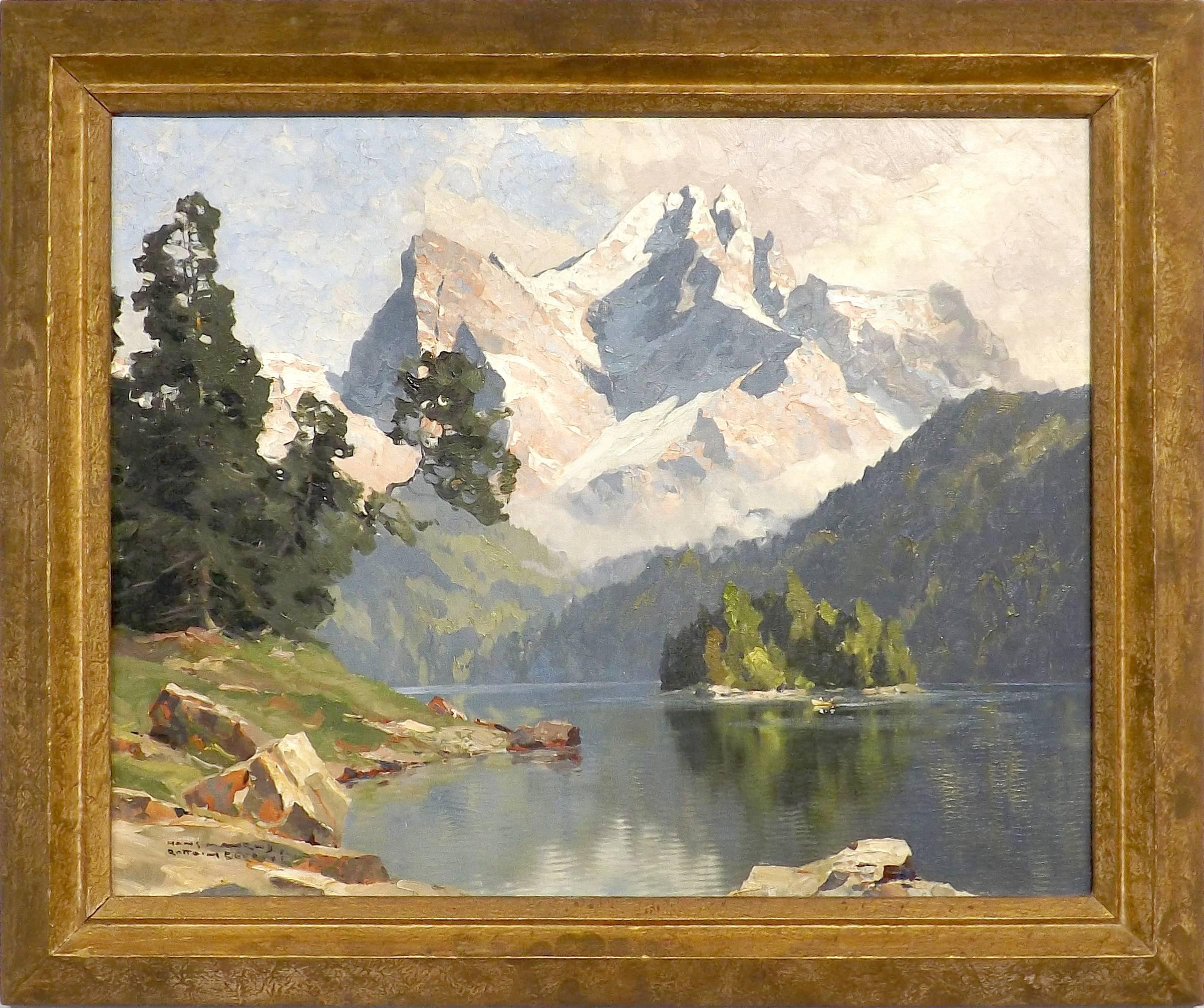 A tranquil scene of the famous Eibsee near Garmisch in southern Germany, with the Bavarian Alps rising up in the background, painted by German artist Hans Maurus.

Maurus was born in 1901 and along with his friend and mentor E.H. Compton was