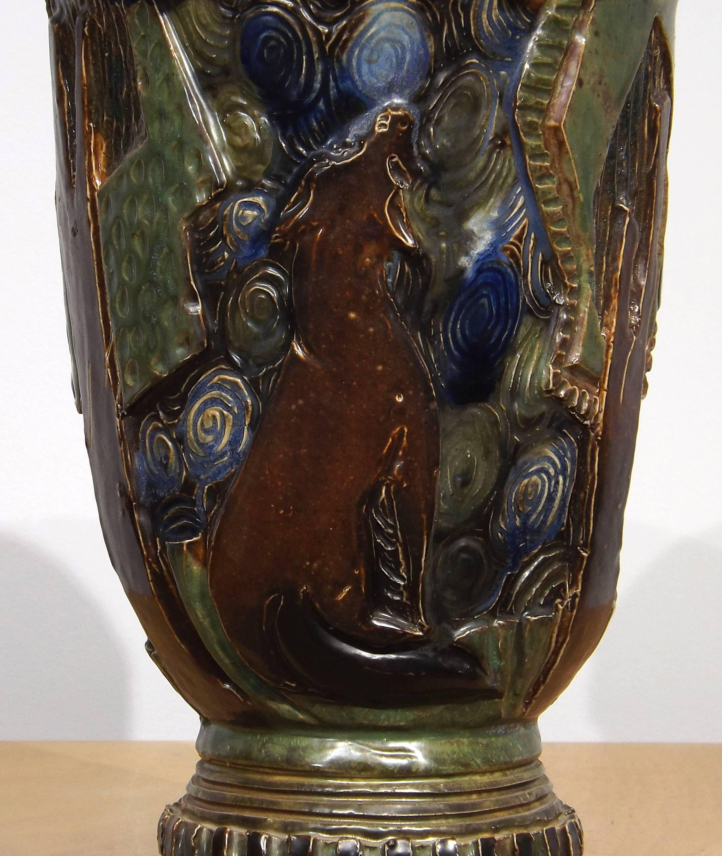 Glazed Belgian Mid-Century Guerin Vase with Fox Motif For Sale