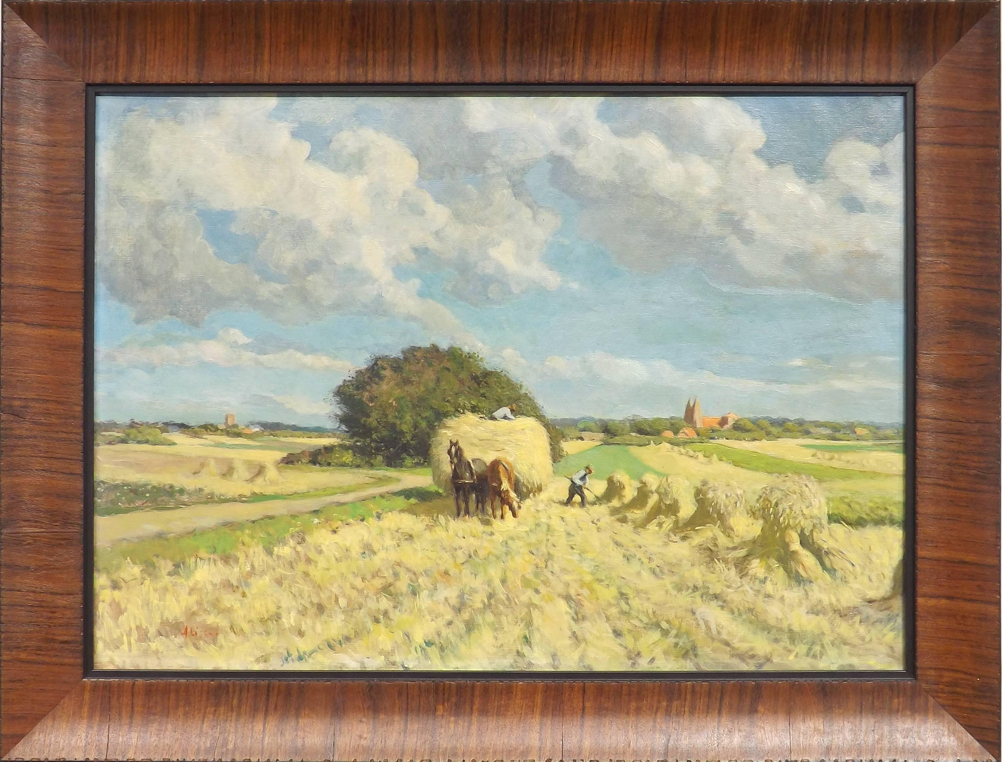 An illegibly signed Belgian School painting of farmers loading hay on to the back of a horse-drawn wagon. Off in the distance churches dot the countryside. 

Indistinctly signed in red lower left, this oil on canvas framed in a new rustic looking