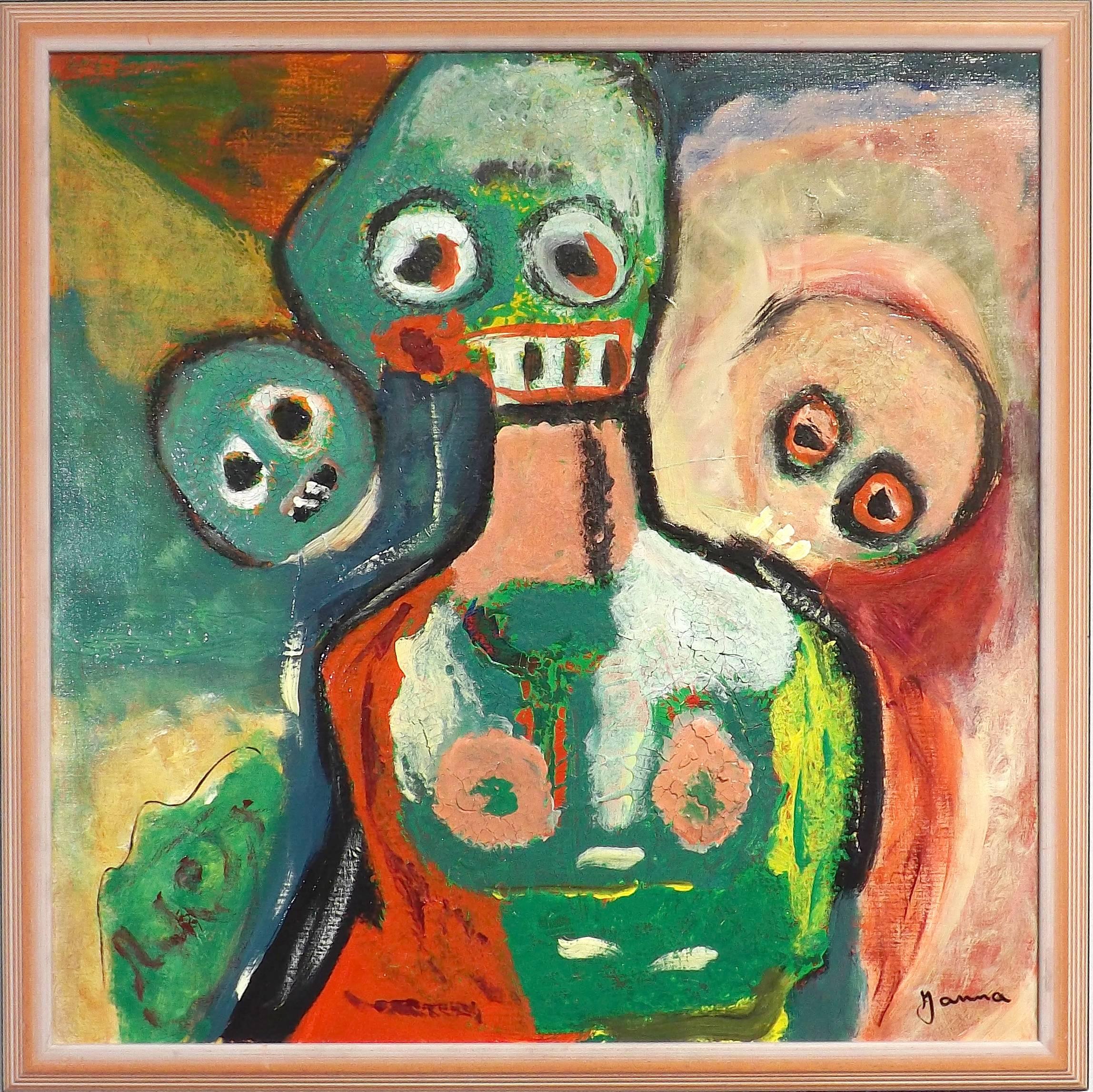 A powerful abstract painting of faces painted by Dutch outsider Janna Straus van de Geest (1930-1999). Janna was born in 1930 and was active in the city of Utrecht in The Netherlands, where she had her studio. She died in 1999.

Signed simple